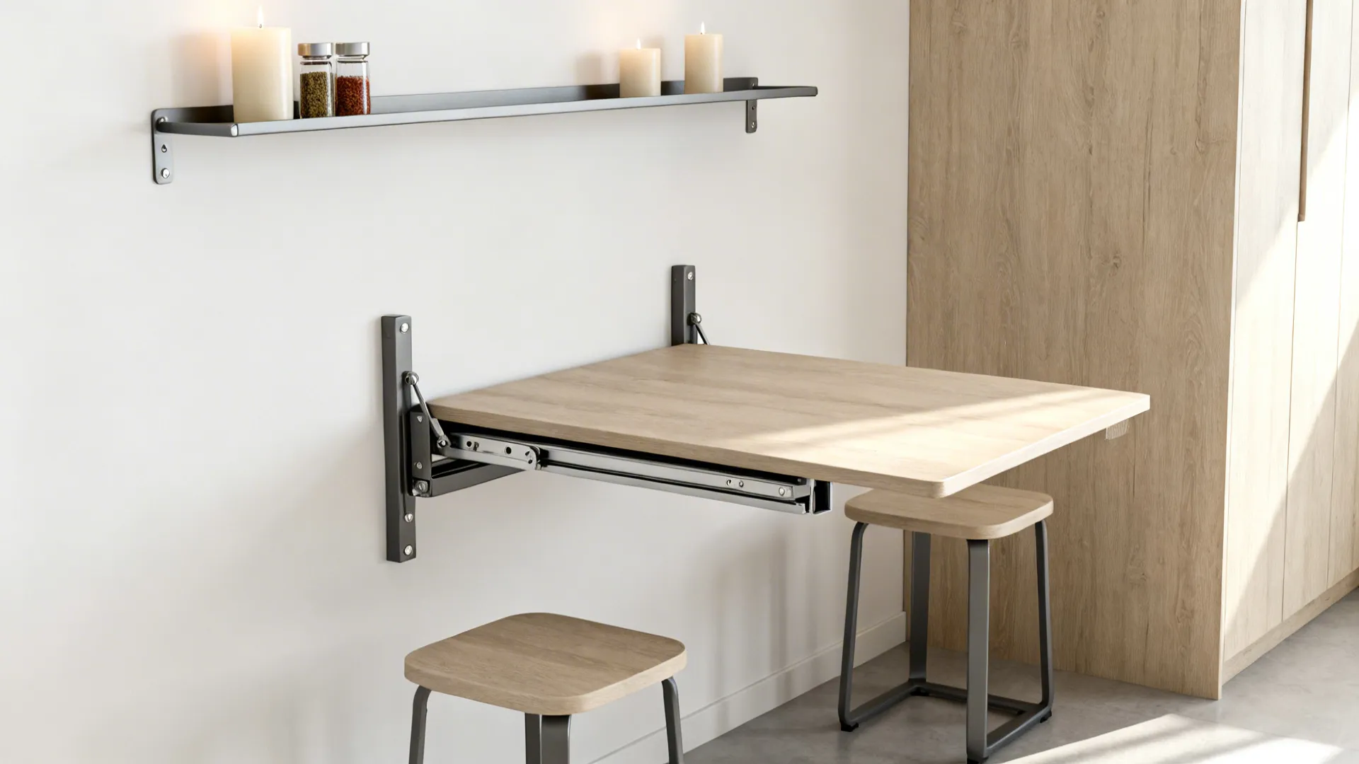 Wall-mounted fold-down table with two stools in a compact studio corner.