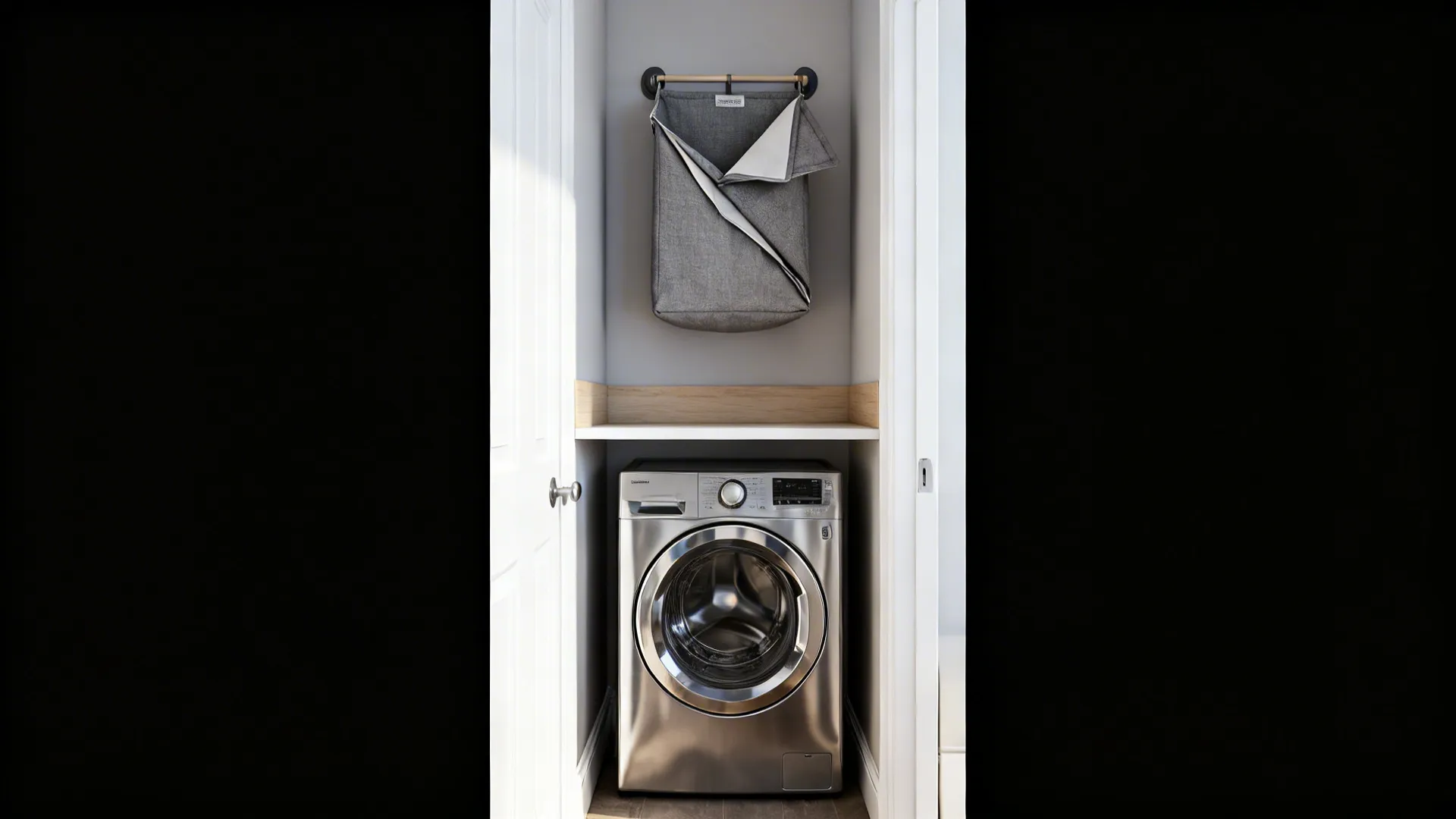 Wall-mounted folding hamper above a washer in a narrow utility nook.