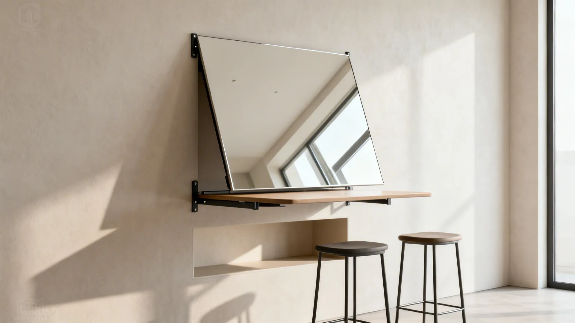 Wall-mounted fold-down dining panel opens over a storage niche in a calm studio.