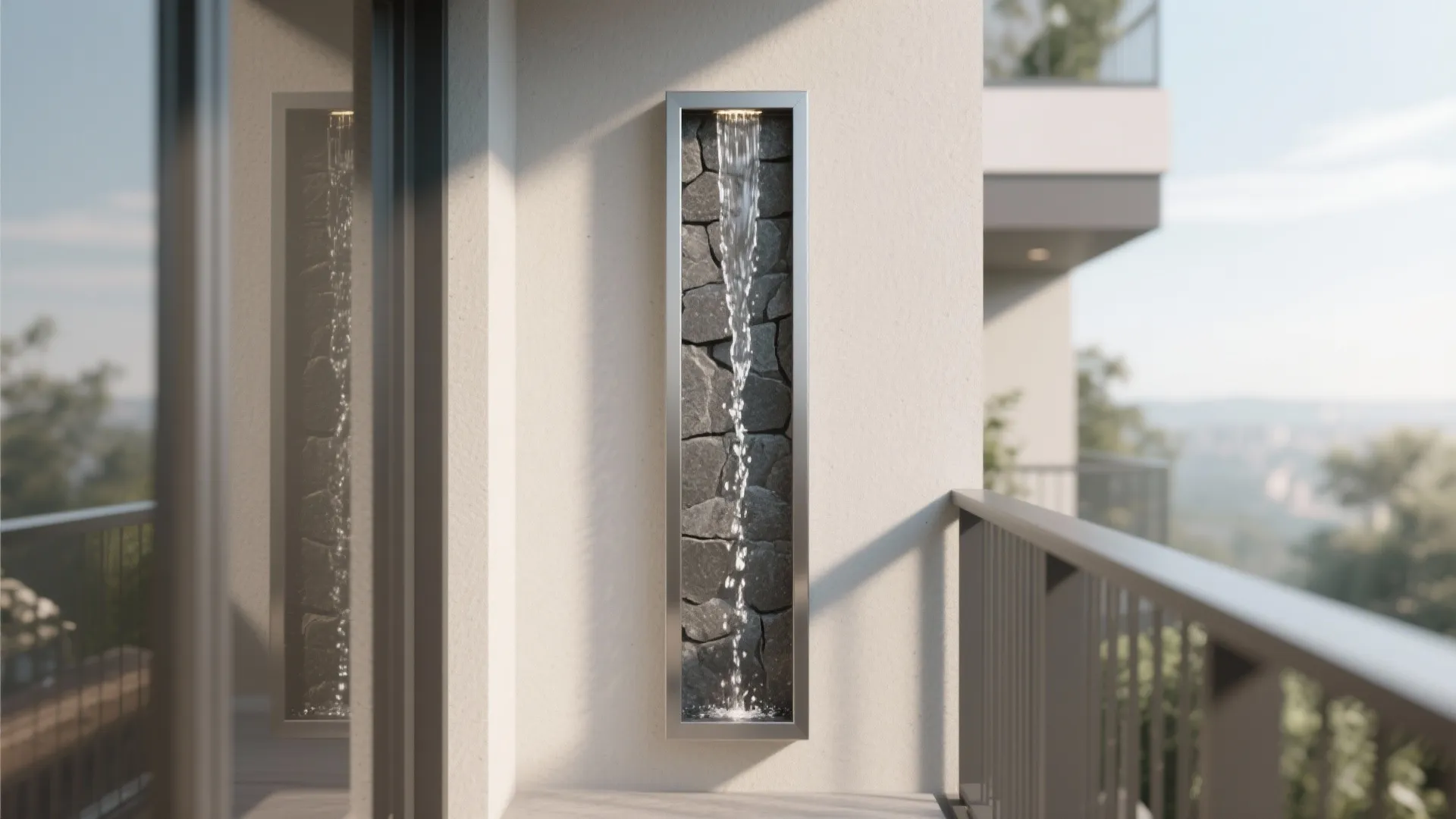 Modern wall mounted water fountain with stone background and falling water on a sunny balcony