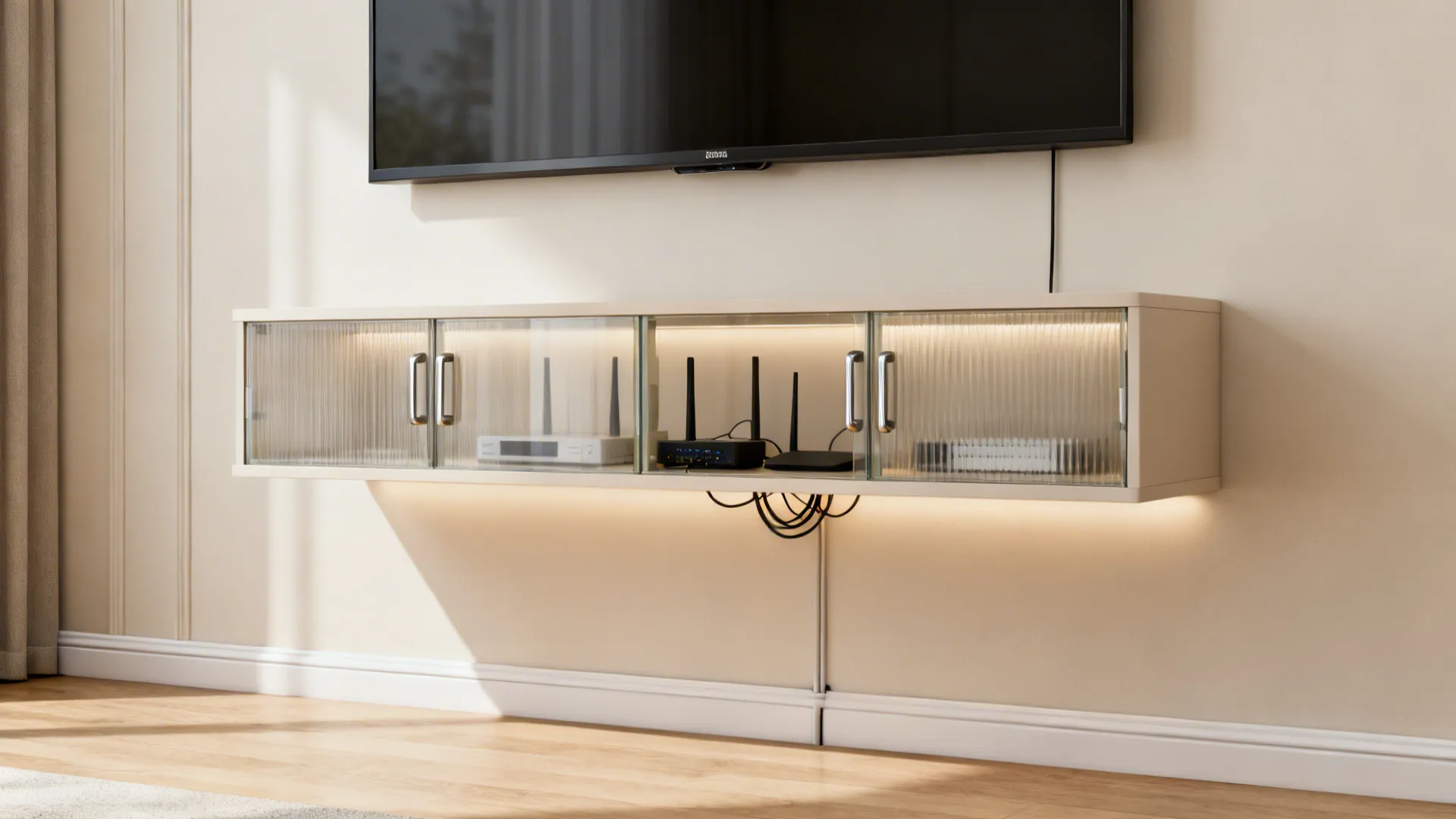 2) Wall-mounted glass-front media cabinet