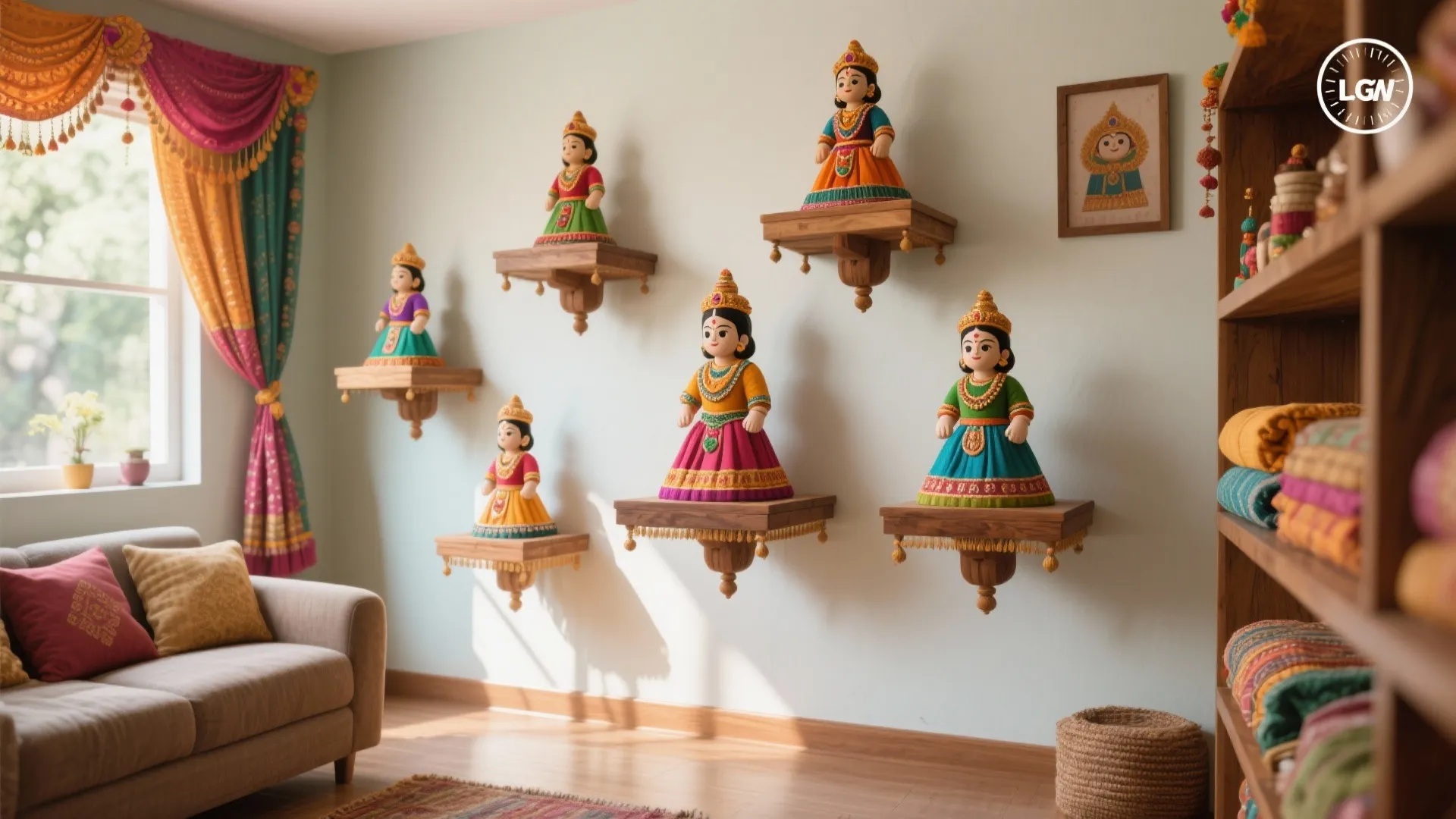 Traditional colorful dolls displayed on wall mounted wooden shelves in a bright modern living room