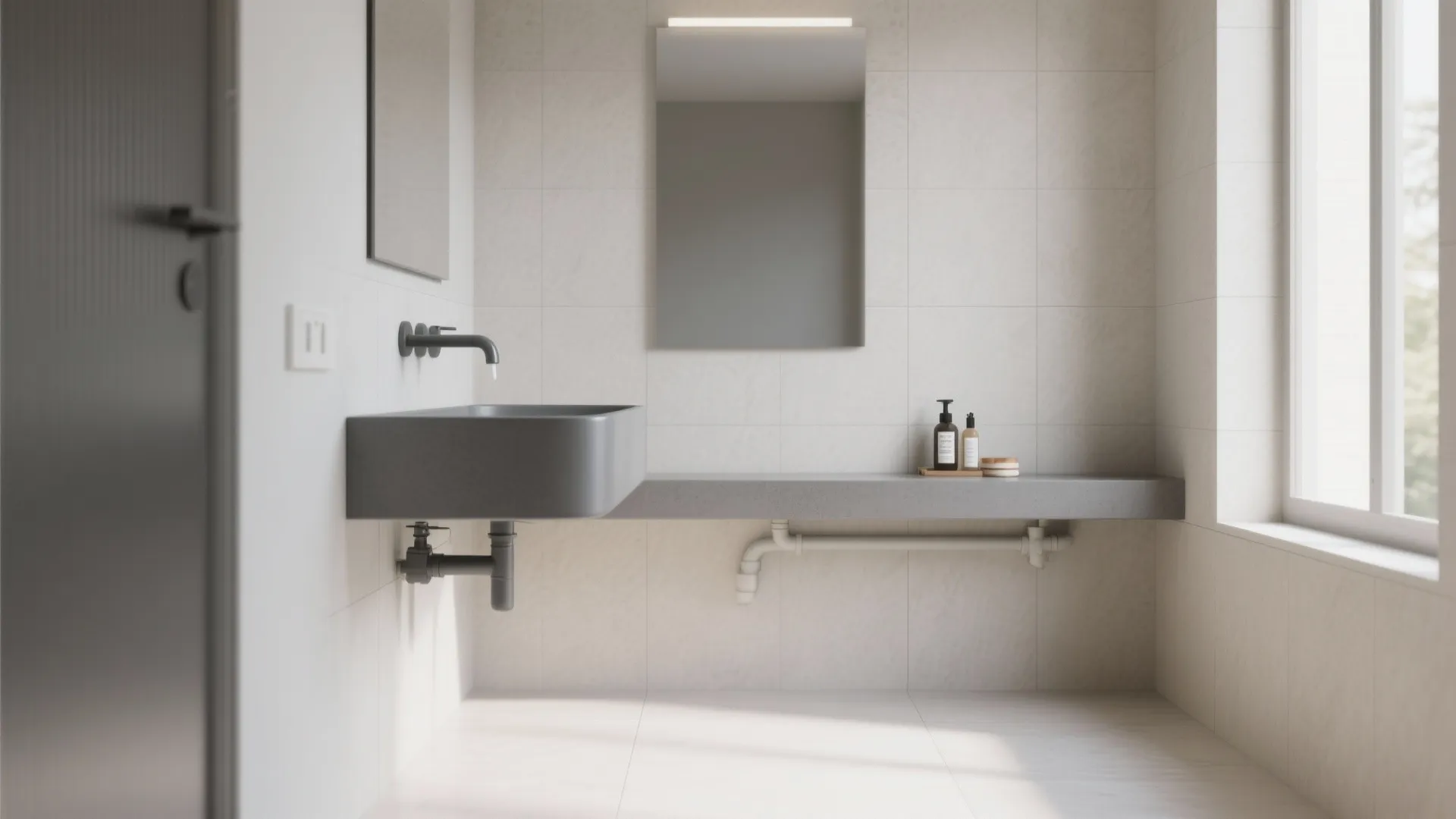 1: Wall-mounted gray basin to free floor space