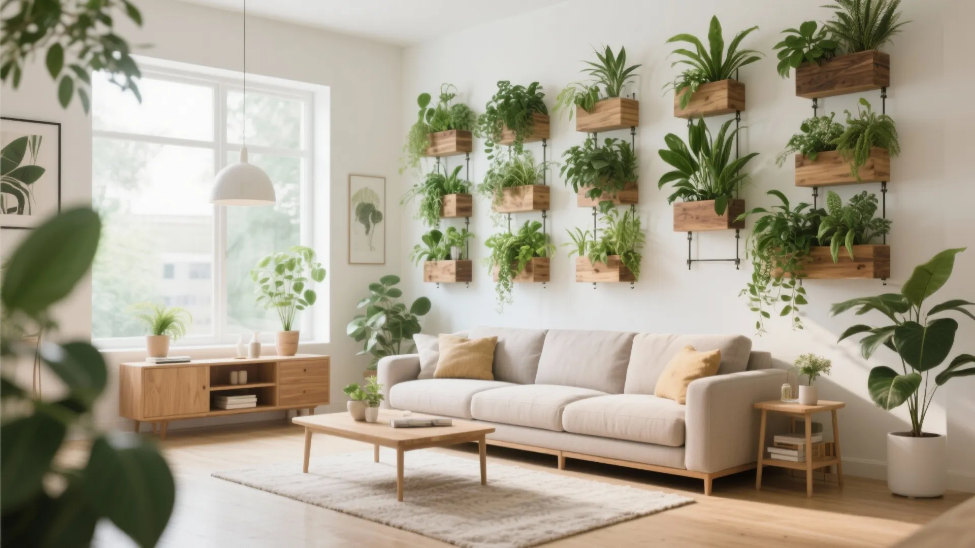 Vertical wall planters filled with lush greenery in a modern living room