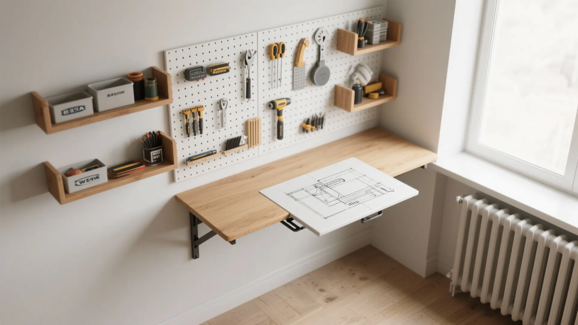 3. Wall-mounted hacks: shelves, pegboards and radiator-friendly desks