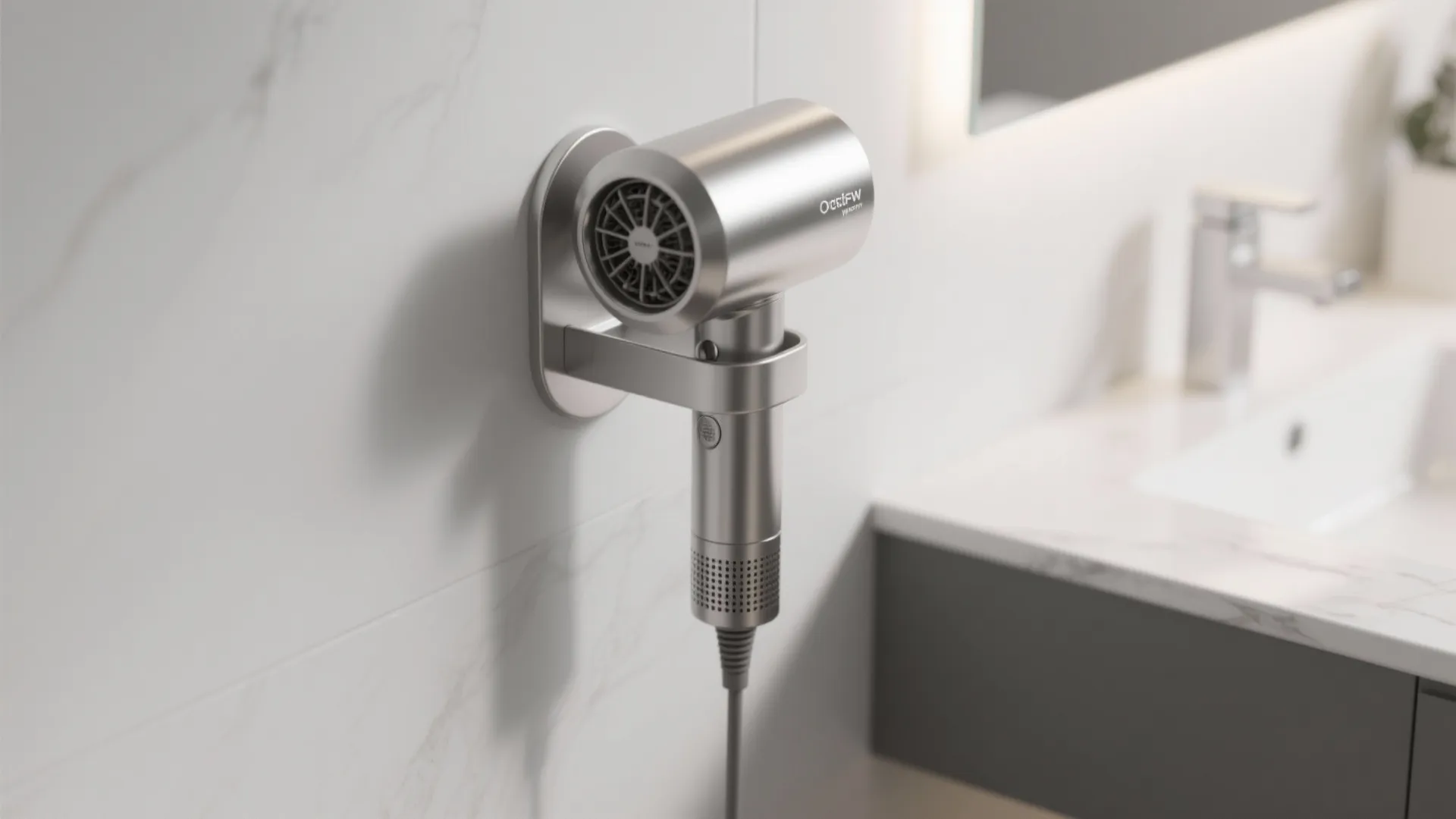 Modern silver hair dryer mounted on a white marble bathroom wall next to a sink