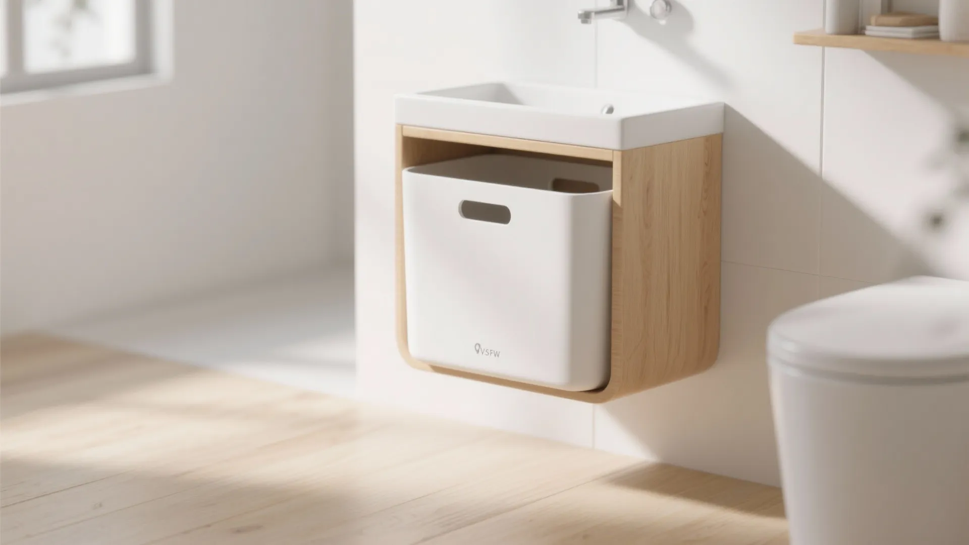 Modern wall mounted bathroom sink with a white plastic laundry bin placed inside wood shelf
