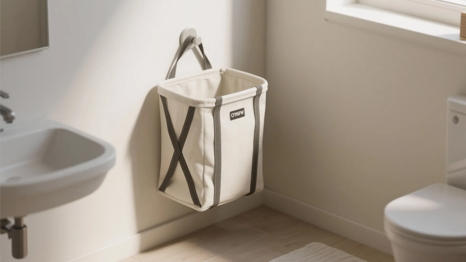 Cream fabric laundry bag hanging on a white wall hook in a bright modern bathroom