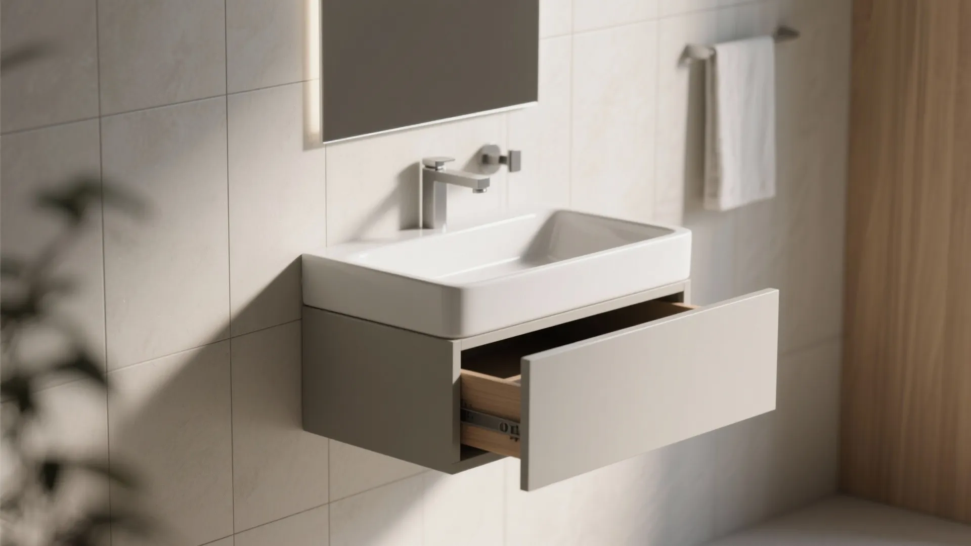 Wall-mounted shallow basin above a recessed cabinet with hidden storage in a compact bathroom