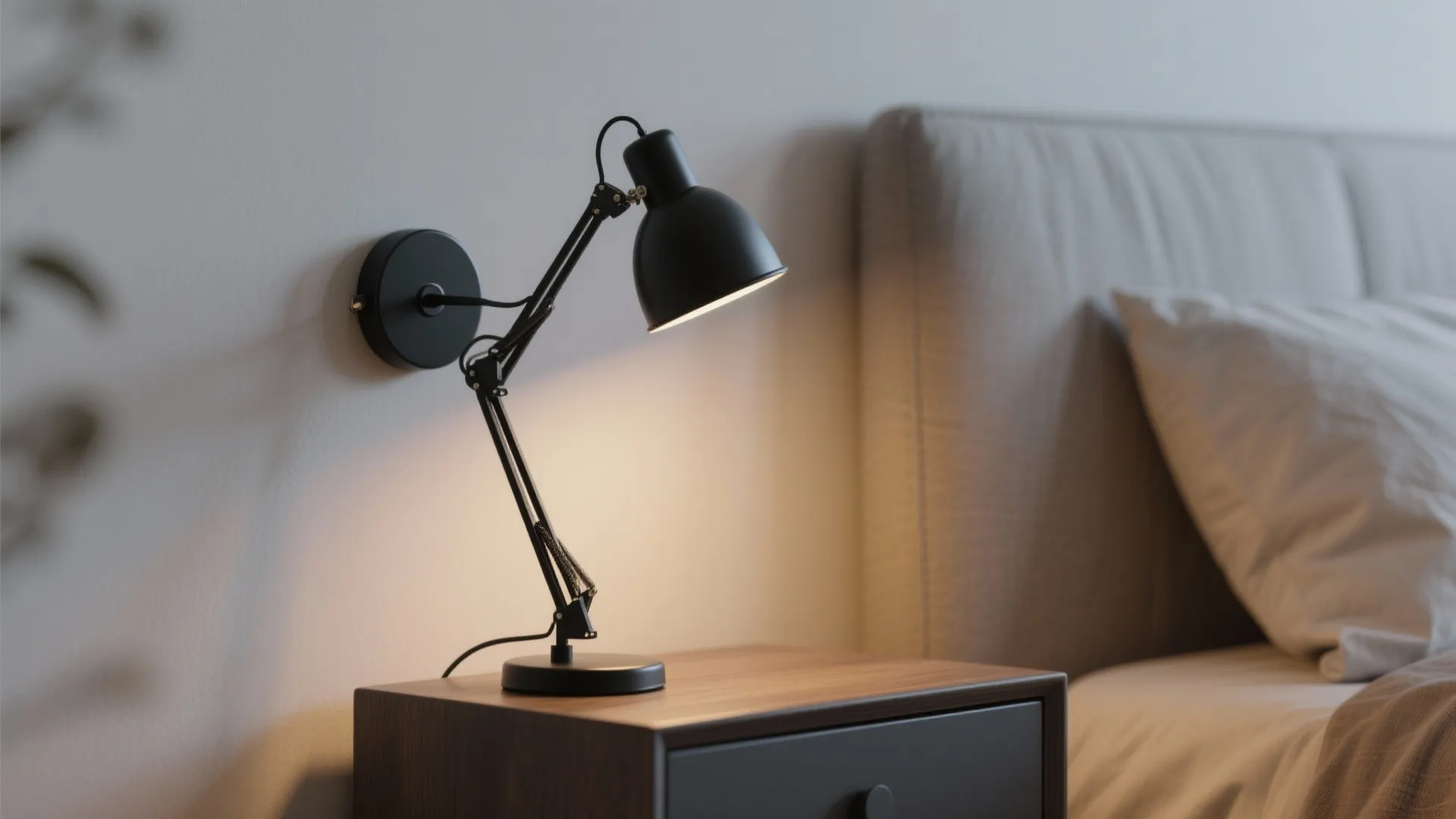 Wall-mounted lamp above modern minimal nightstand