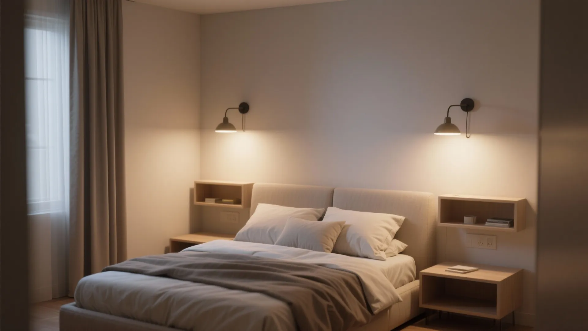 Cozy bedroom with two black wall lights above bedside tables and a large soft double bed