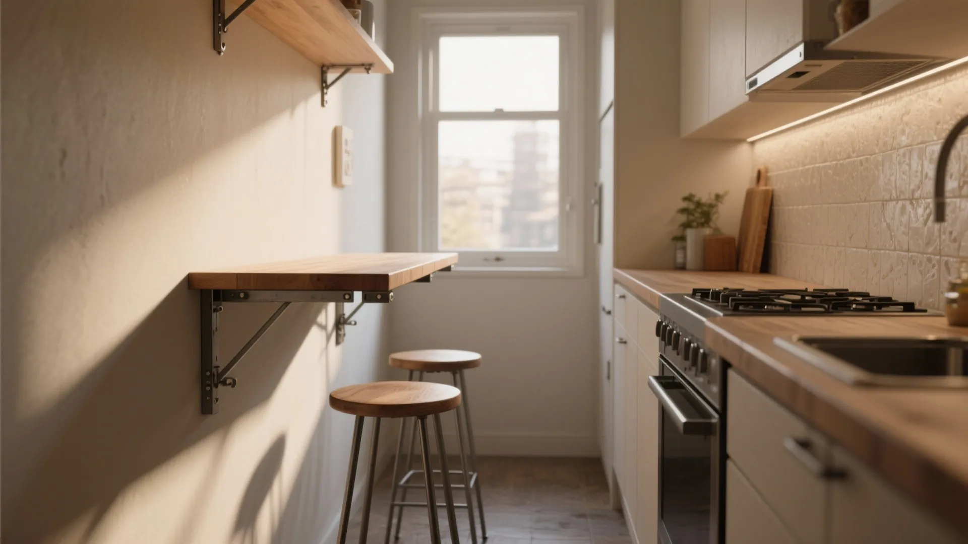 Small kitchen featuring a wall mounted folding wooden table two stools and a bright window