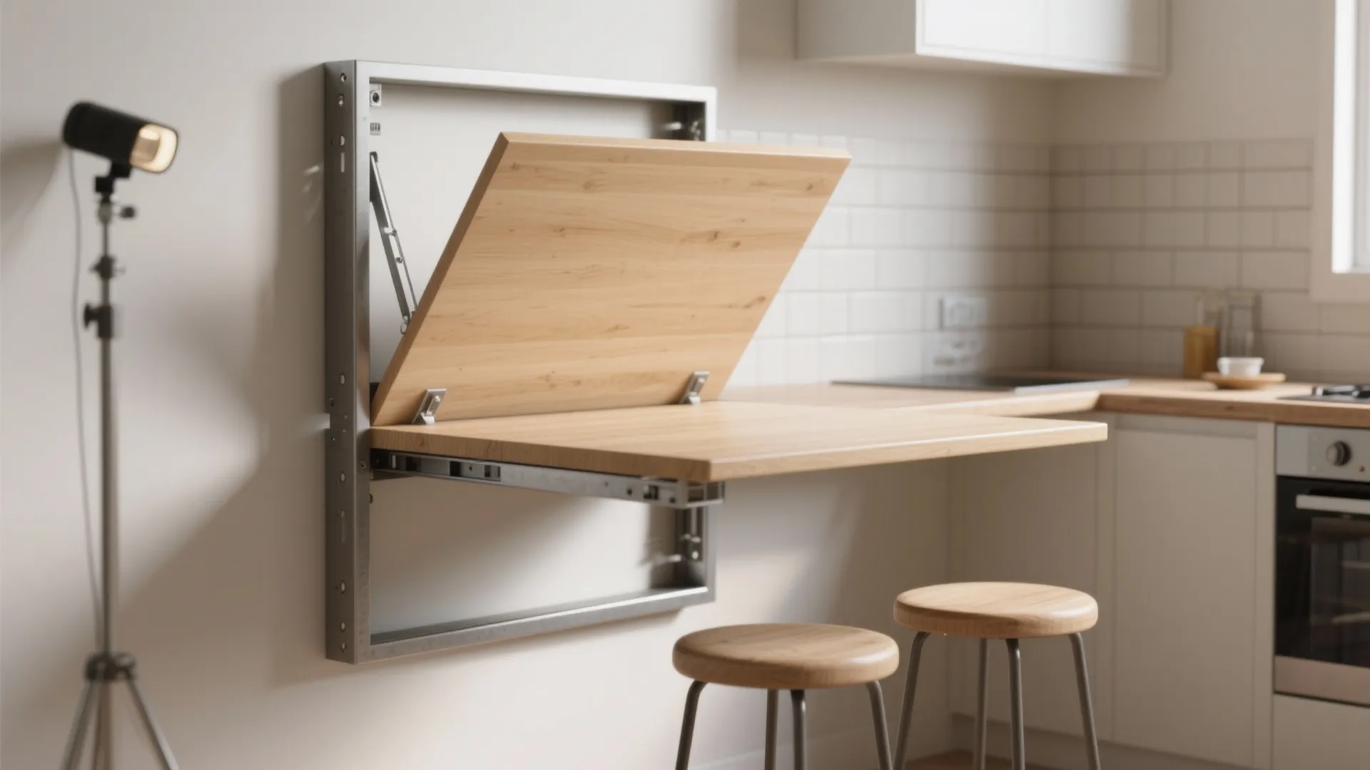 Wall-mounted drop leaf table in a small kitchen, showing folded and extended positions with metal brackets.