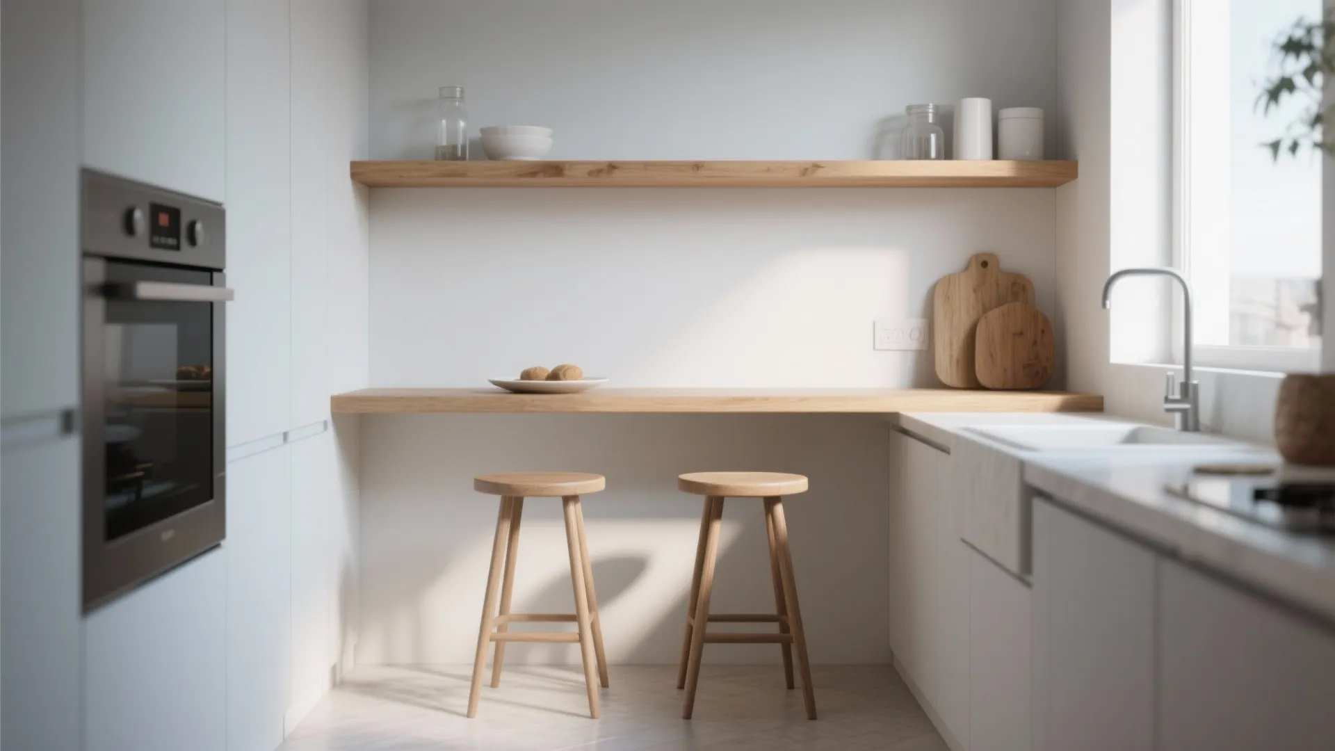 White kitchen featuring wood breakfast bar two wooden stools wall shelf and sink near window