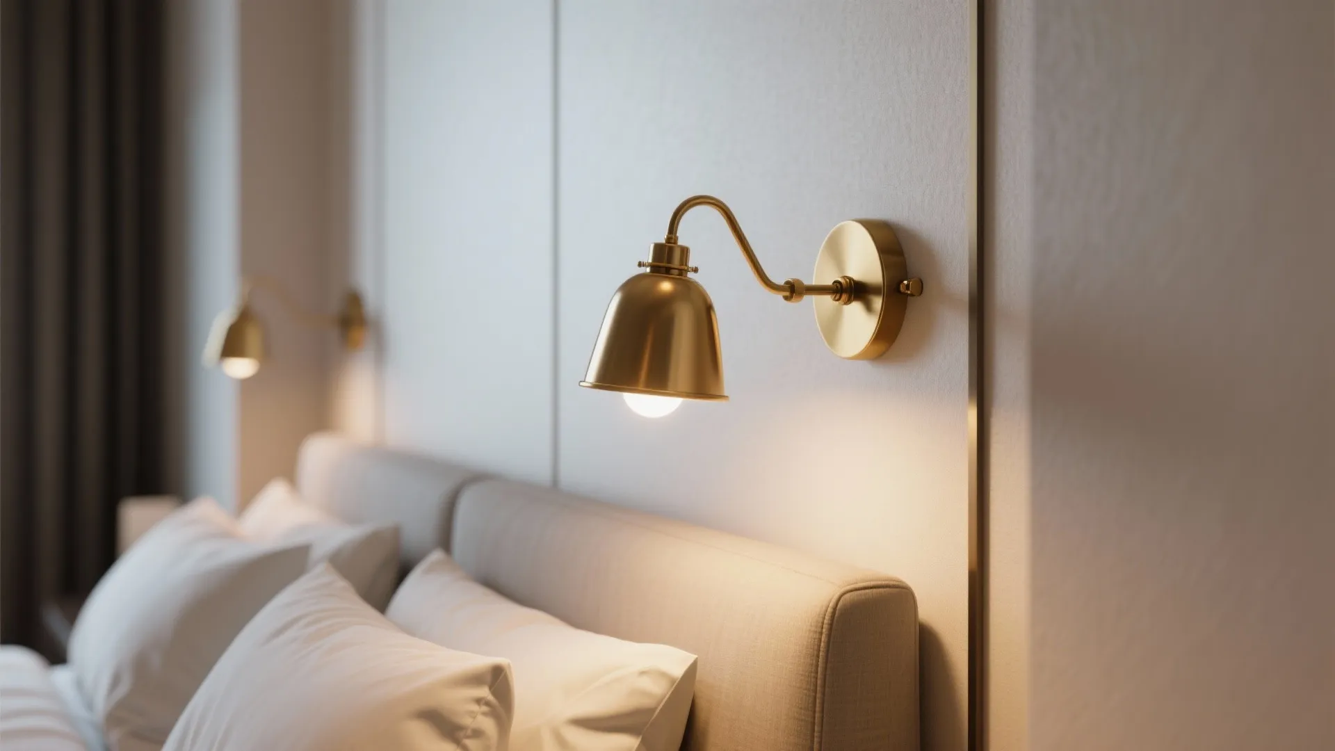 Gold wall light installed on a white wall panel above a comfortable bed with pillows