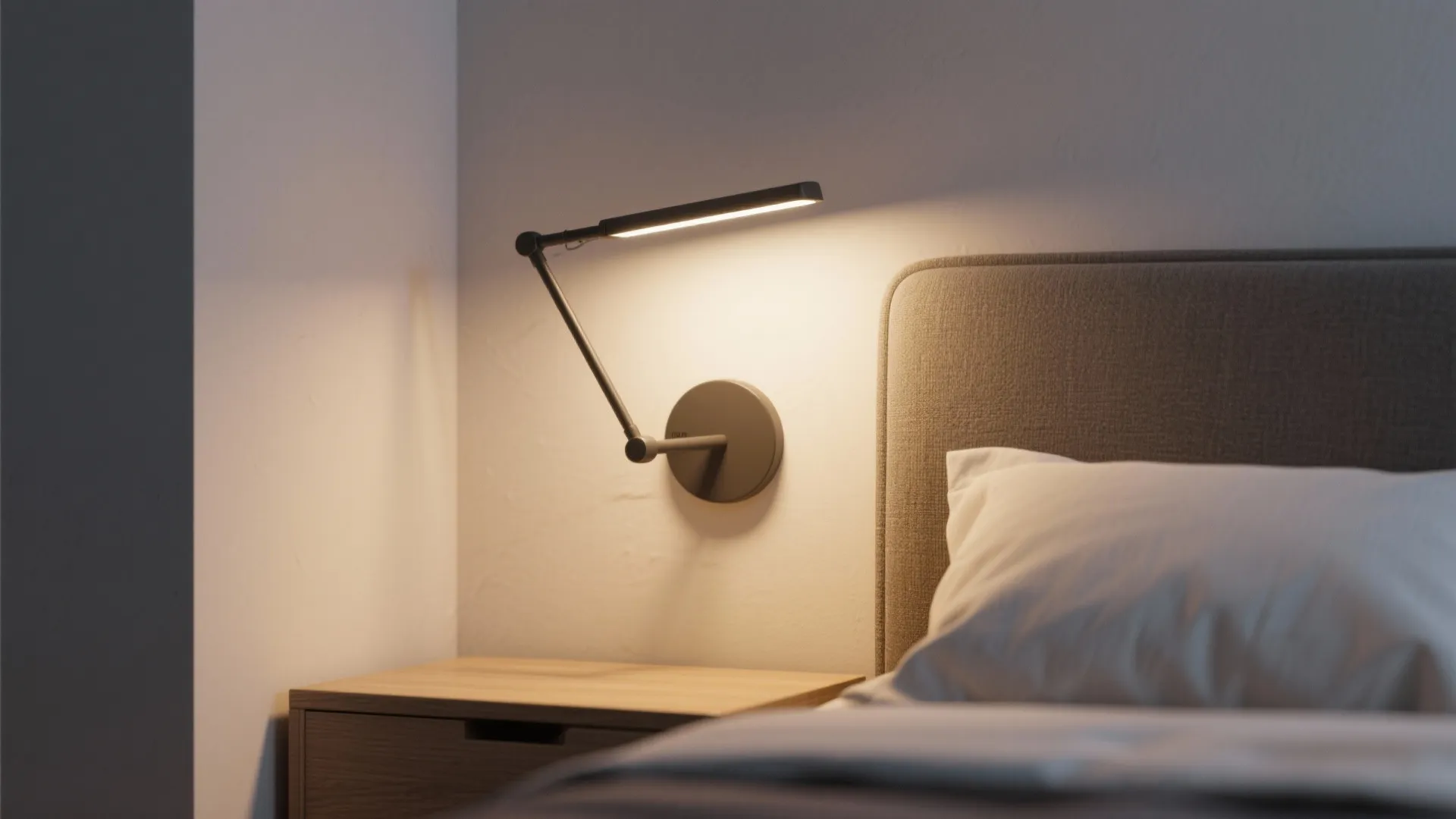Black adjustable wall light fixed above wooden side table next to grey bed in cozy room