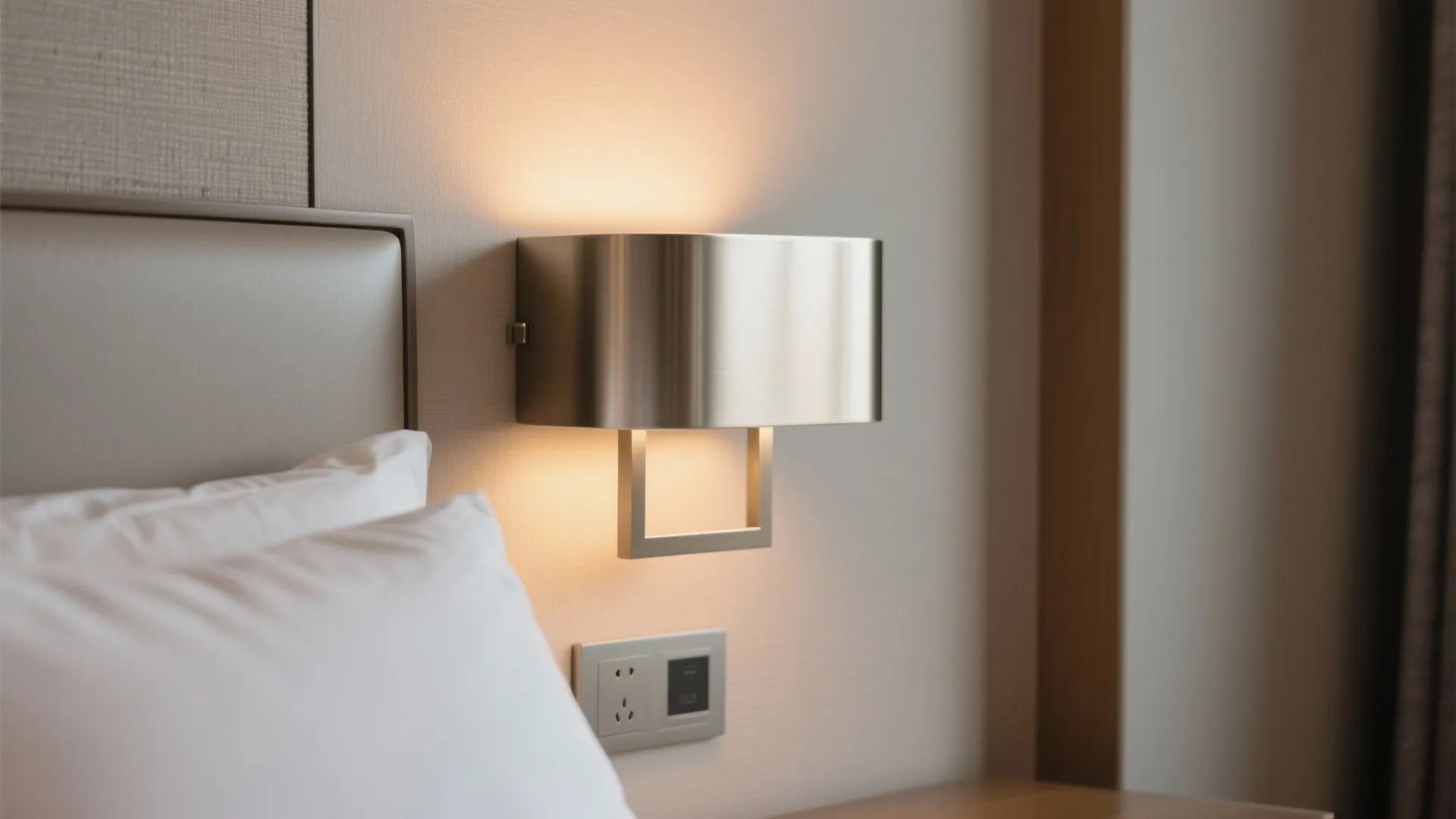 Modern metal wall light mounted above a bed with white pillows and a power outlet