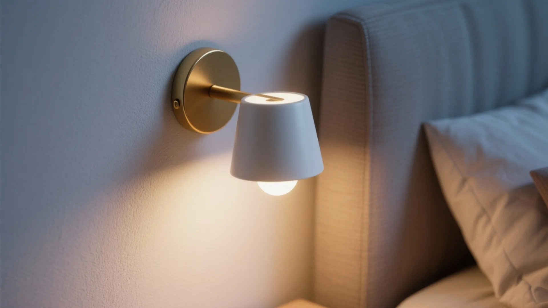 Close-up of a wall-mounted lamp in a cozy small bedroom
