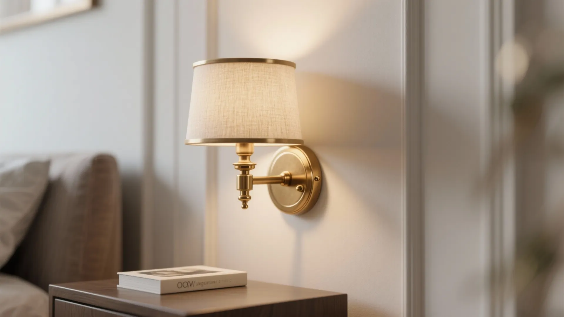 Wall-mounted sconce above a bedside table in soft light