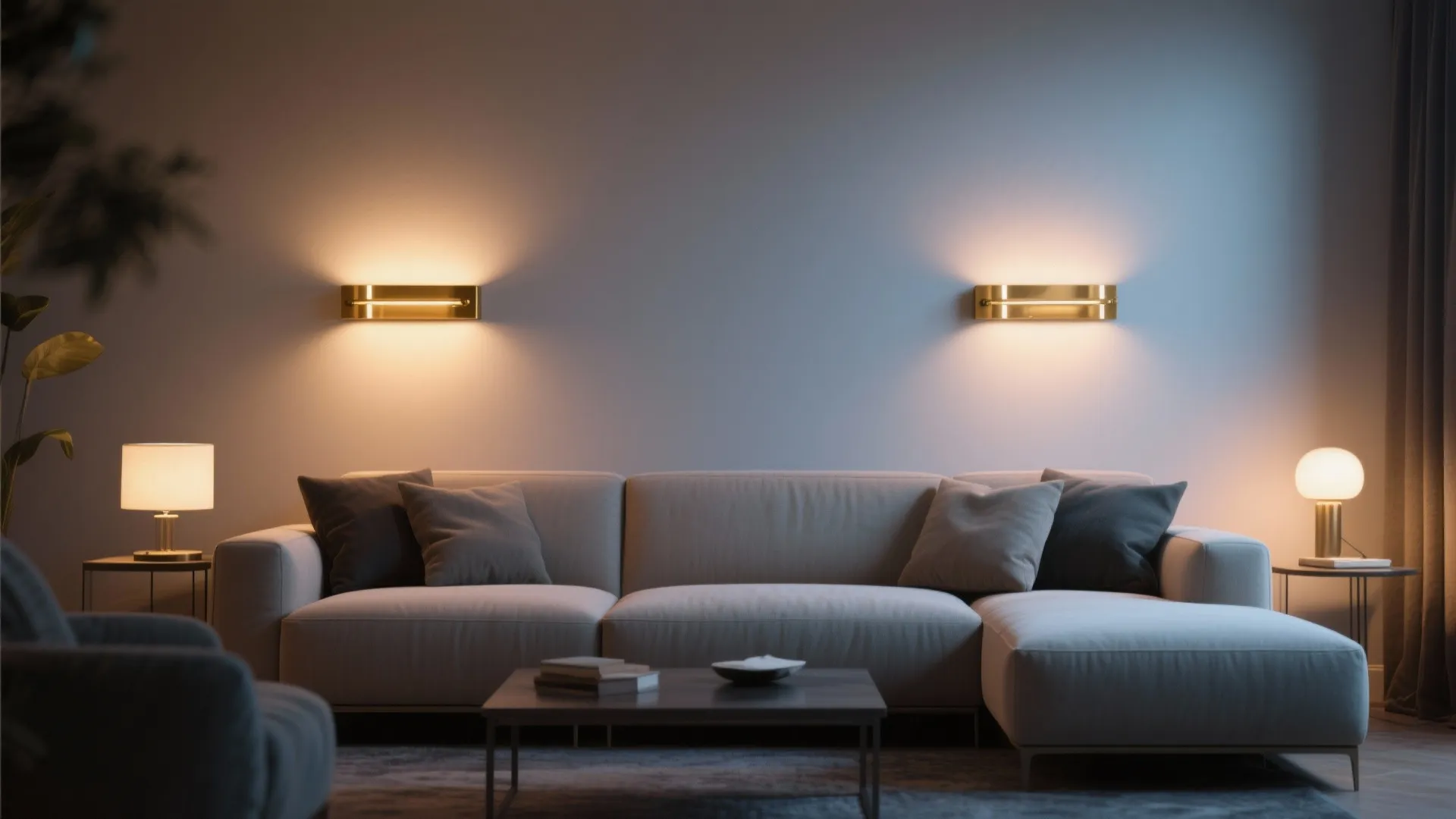 Brass wall sconces add soft light to a living room