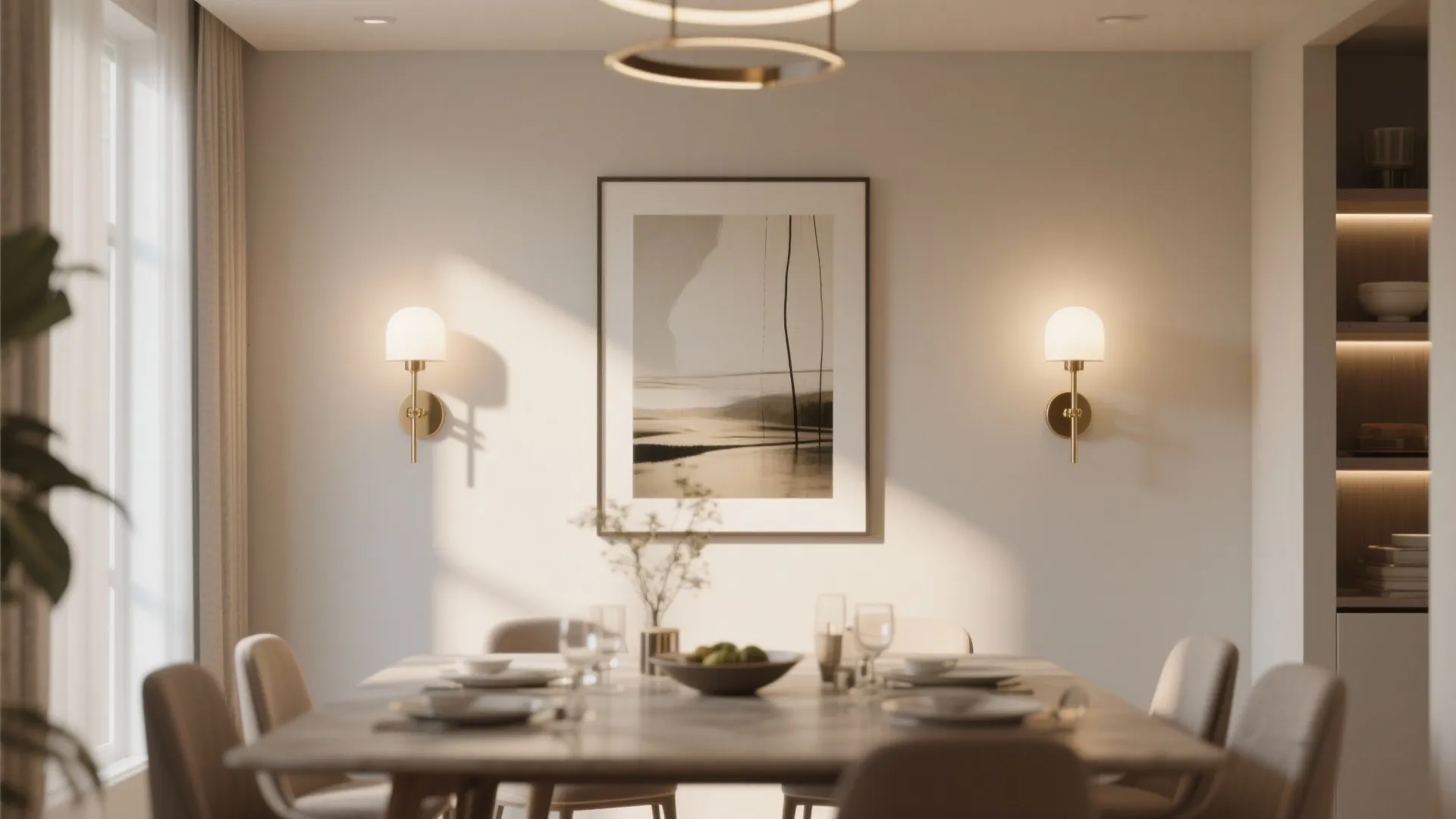 Elegant dining space with framed art, two wall lights, wooden table, and gold ceiling light