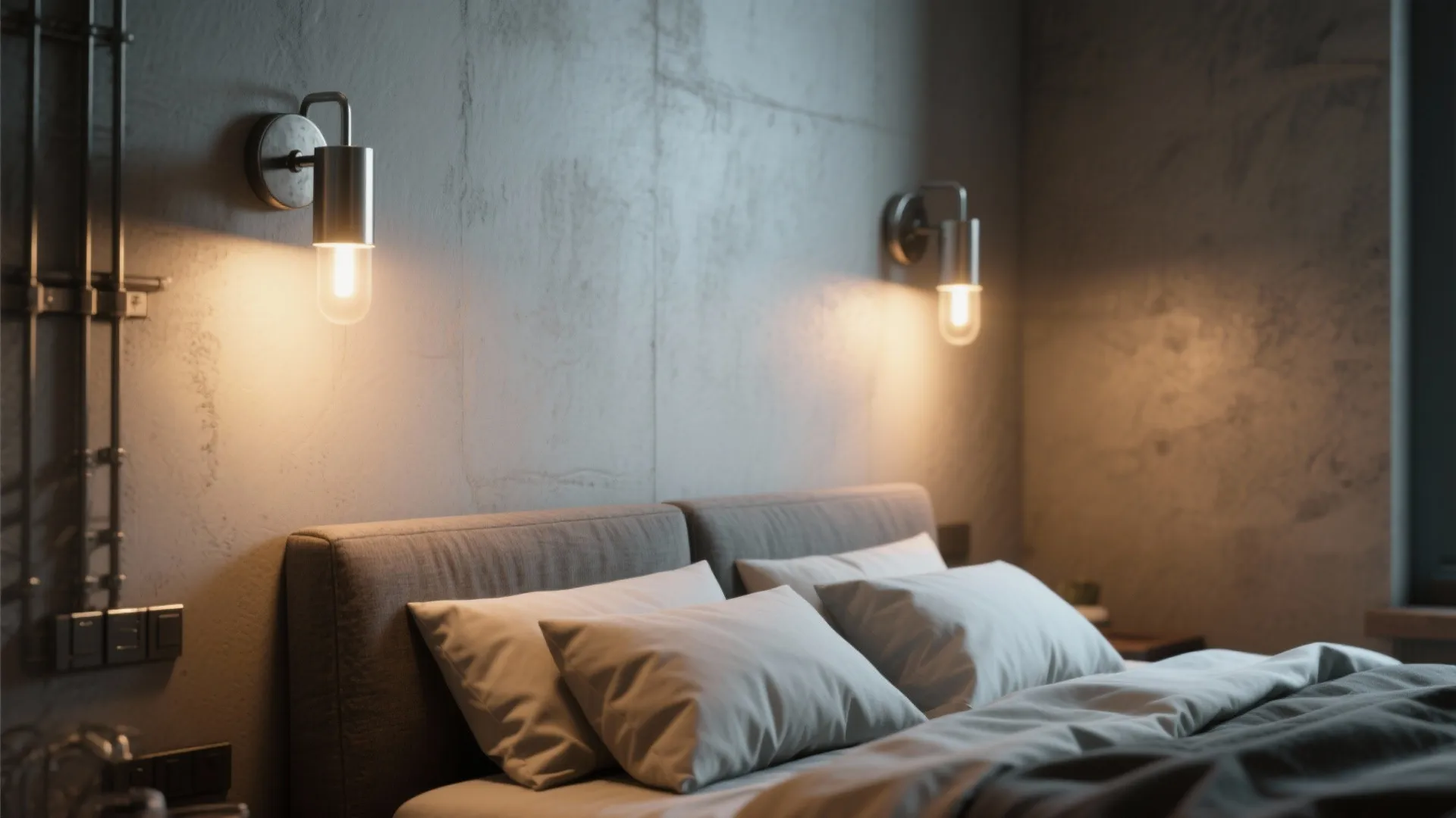 Modern bedroom with two wall light fixtures glowing above a grey bed with white pillows