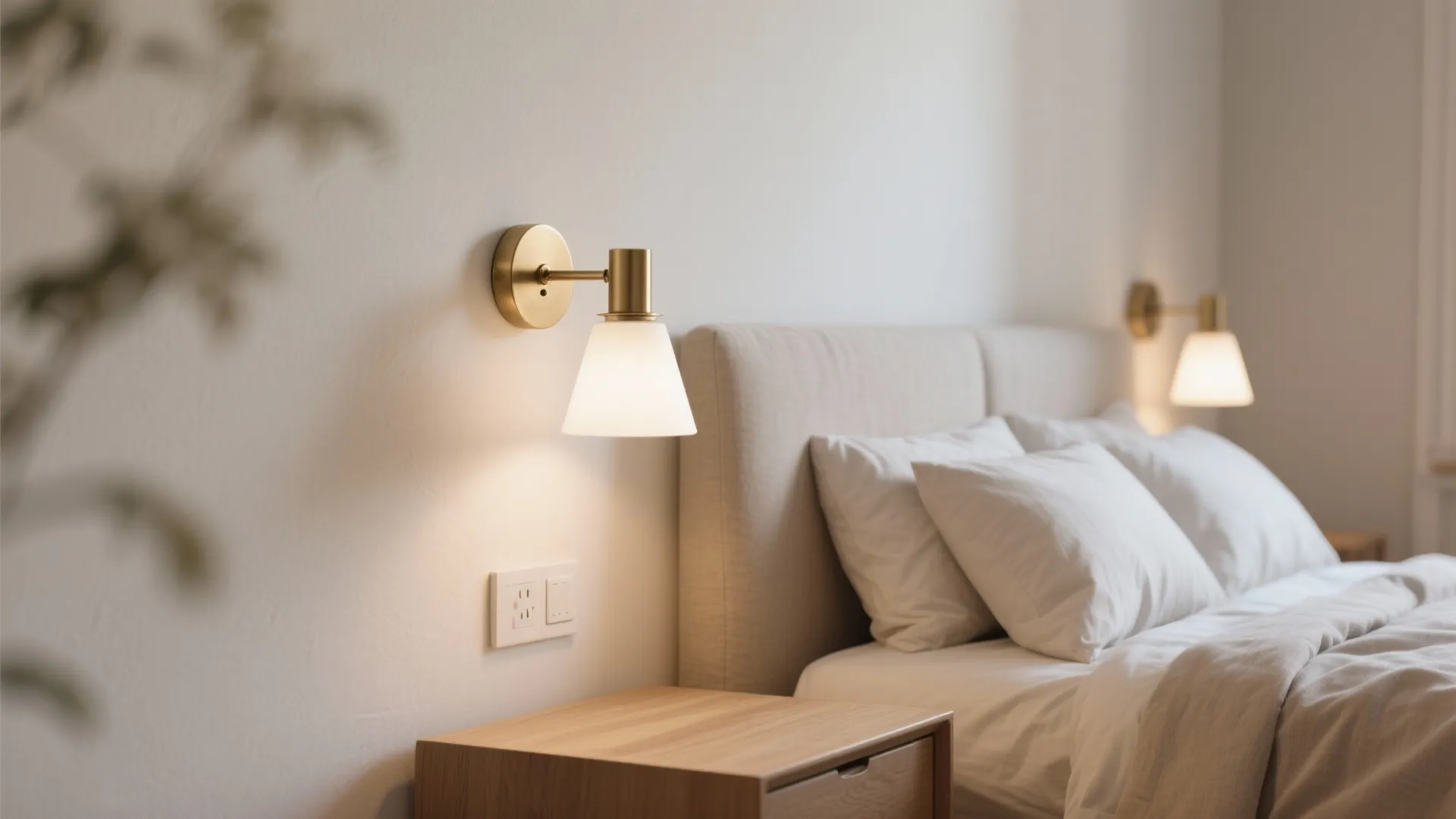Wall-mounted sconces above nightstands in small bedroom
