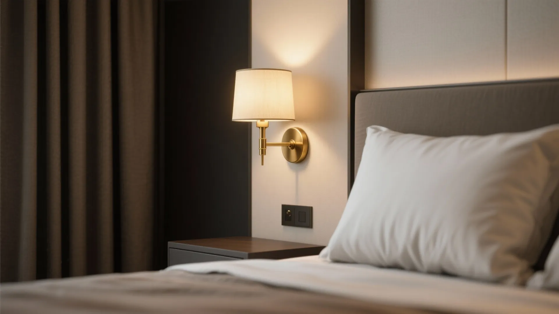 Modern bedroom with a brass wall light fixed above a dark wood bedside storage table