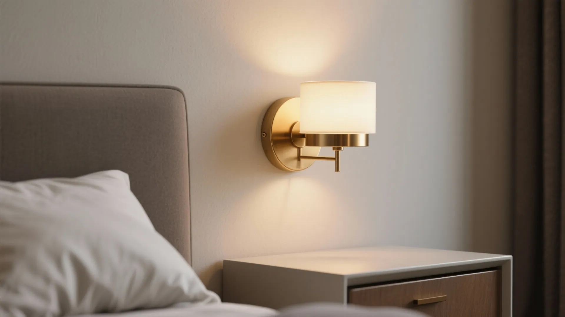 Modern gold wall light mounted above white nightstand in cozy bedroom with soft warm lighting