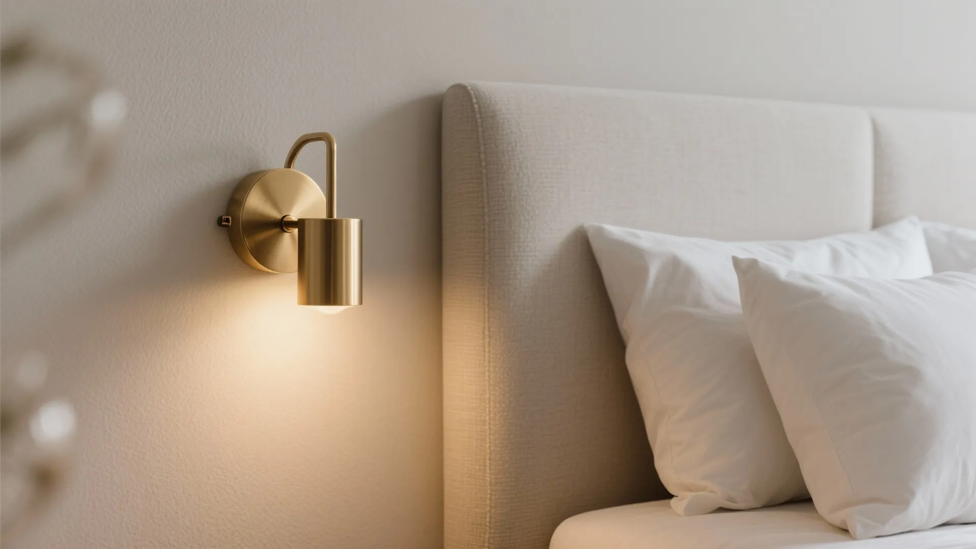 Modern gold wall light mounted on beige wall next to a comfortable bed with pillows