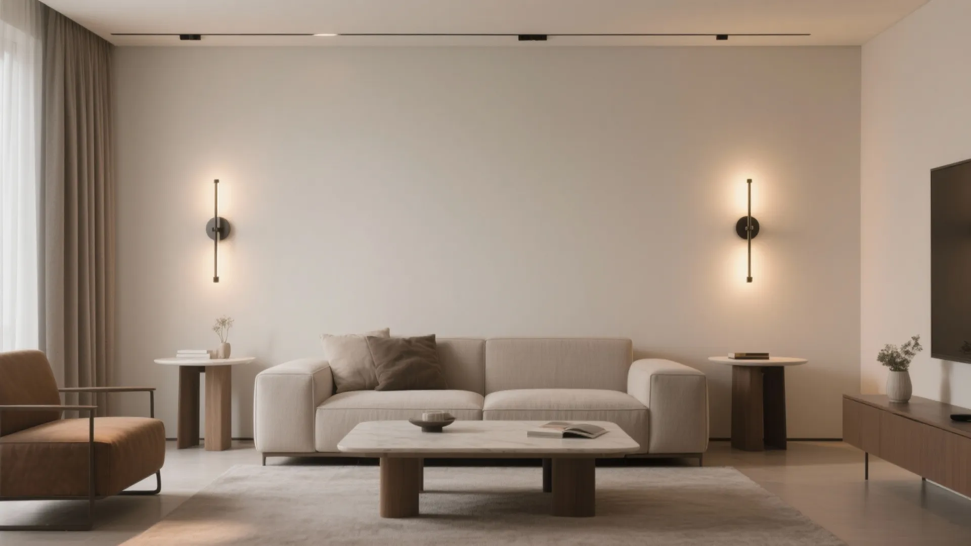 Modern living room with beige sofa, marble coffee table, brown armchair, and two wall lights