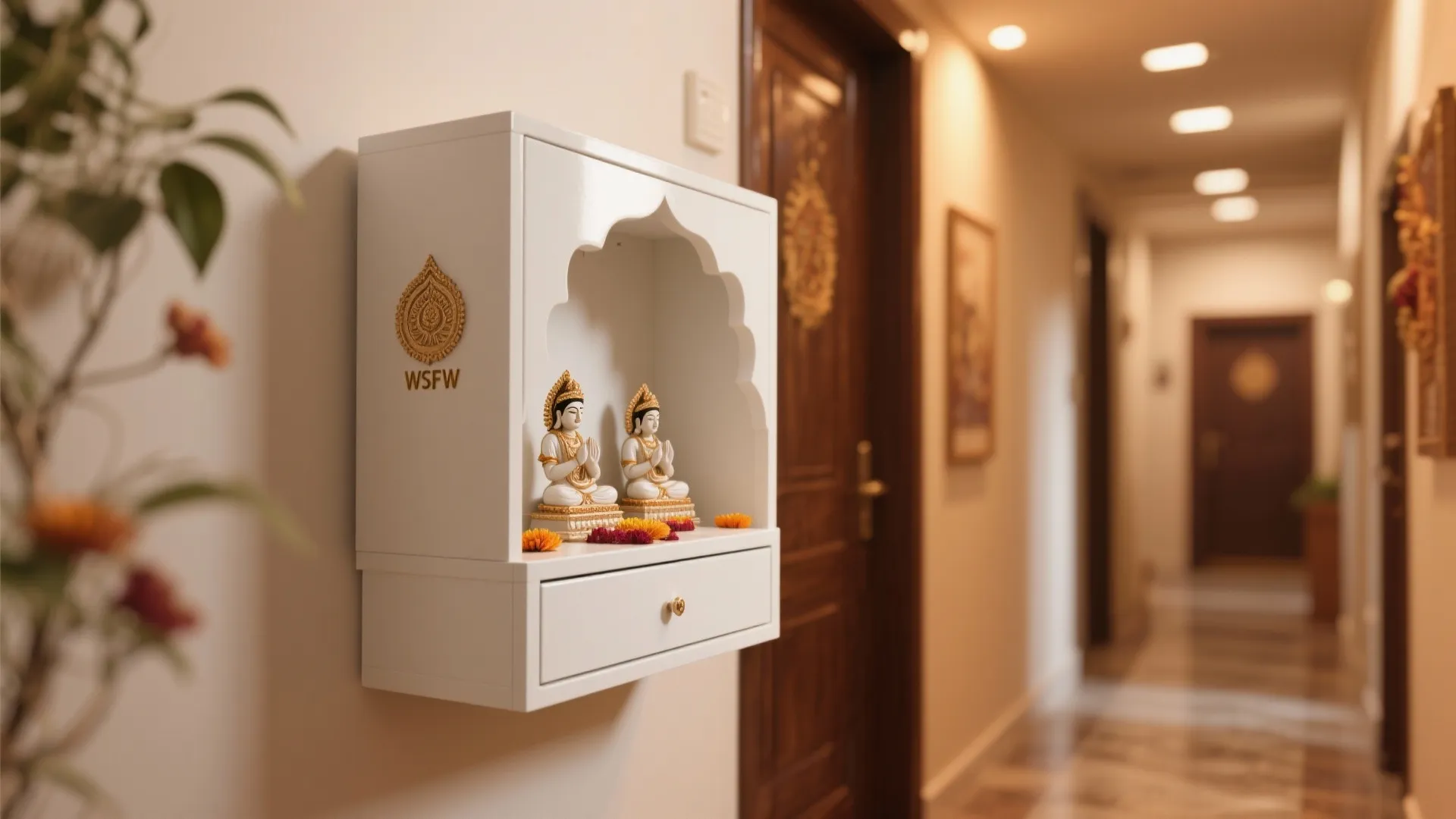 White wall mounted cabinet for small statues placed in a bright hallway with a wooden door