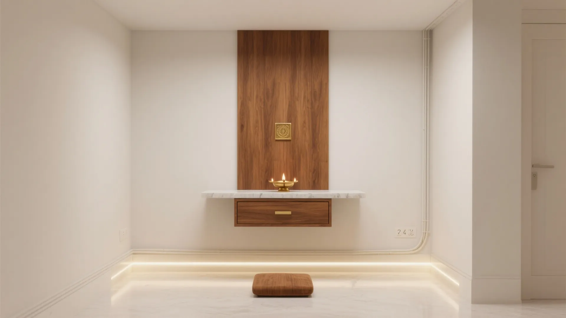 Modern wall mounted prayer unit with wood panel marble shelf small drawer and warm floor lights