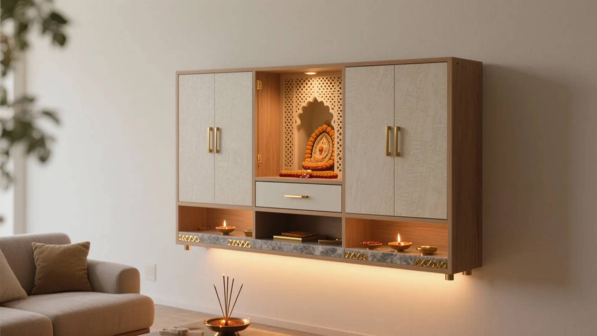 Compact wall-mounted shrine with concealed storage