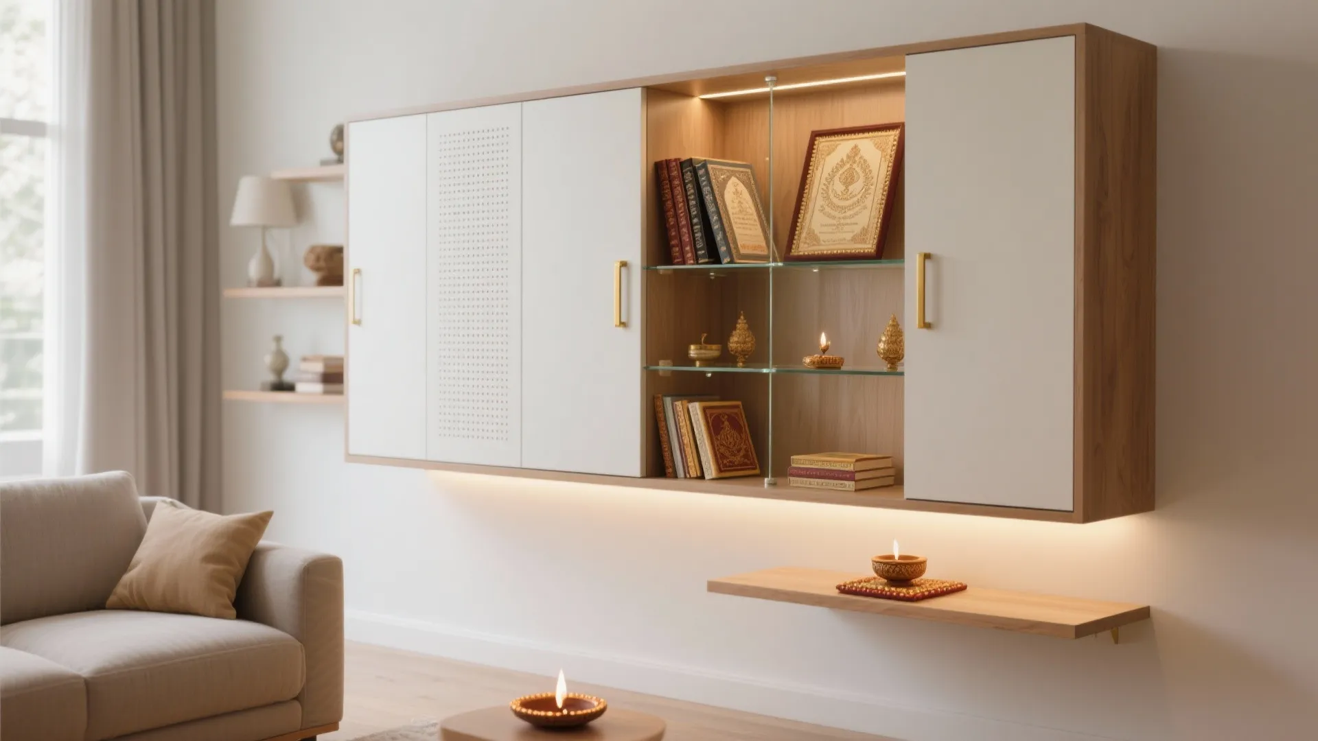 Minimal Wall-Mounted Mandir with Hidden Storage