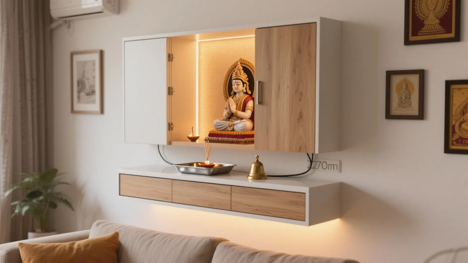 Modern white and wood wall cabinet for prayer area with statue and soft built-in lighting