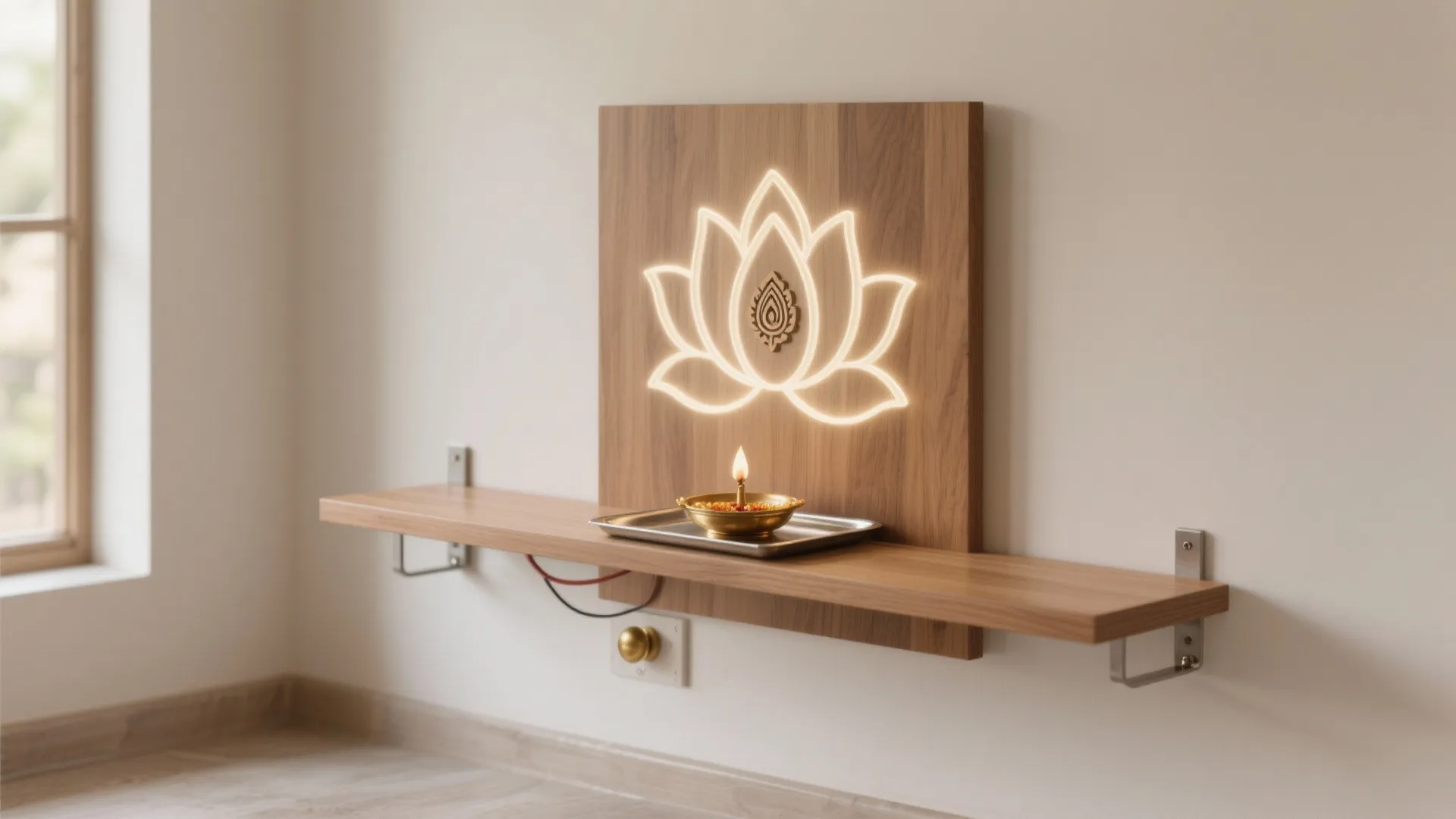 1) Minimal Wall-Mounted Plywood Mandir with Backlit Panel