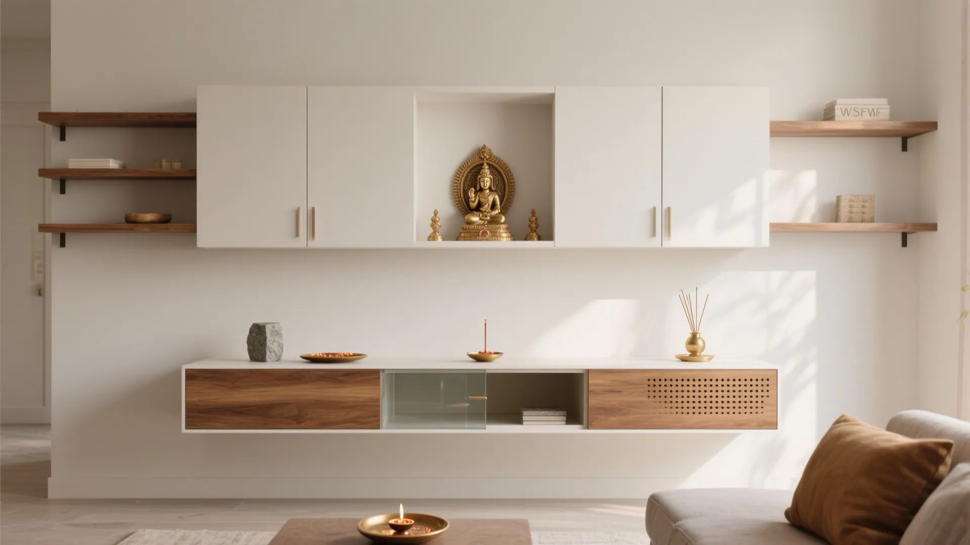 Wall-mounted minimalist mandir with concealed storage