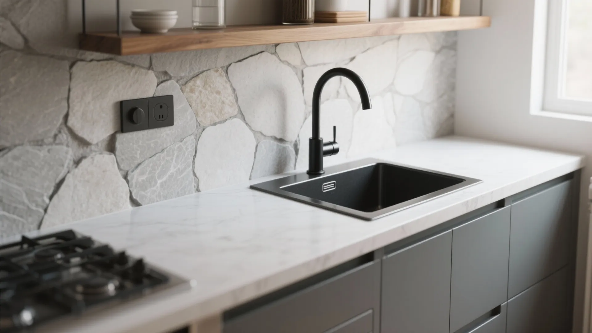 Modern kitchen with black sink black faucet white marble countertop and natural stone wall panel design