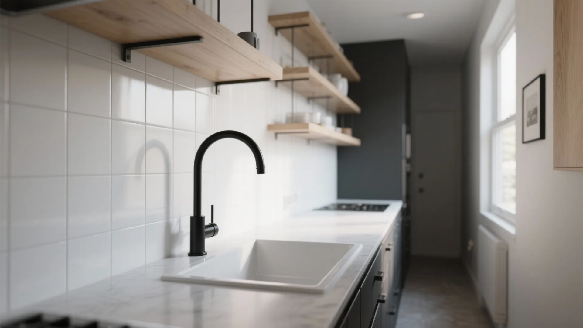 1. Wall-mounted matte black tap for narrow galley kitchens