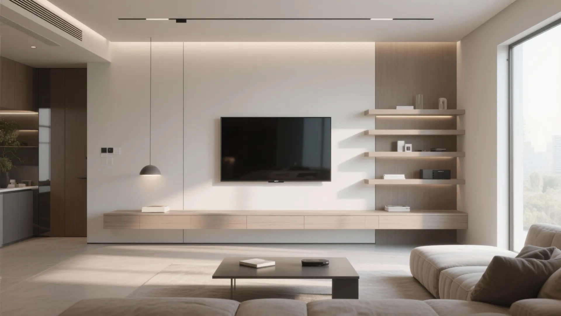 Modern living room with wall mounted television, wooden cabinet, open shelves, and large white windows