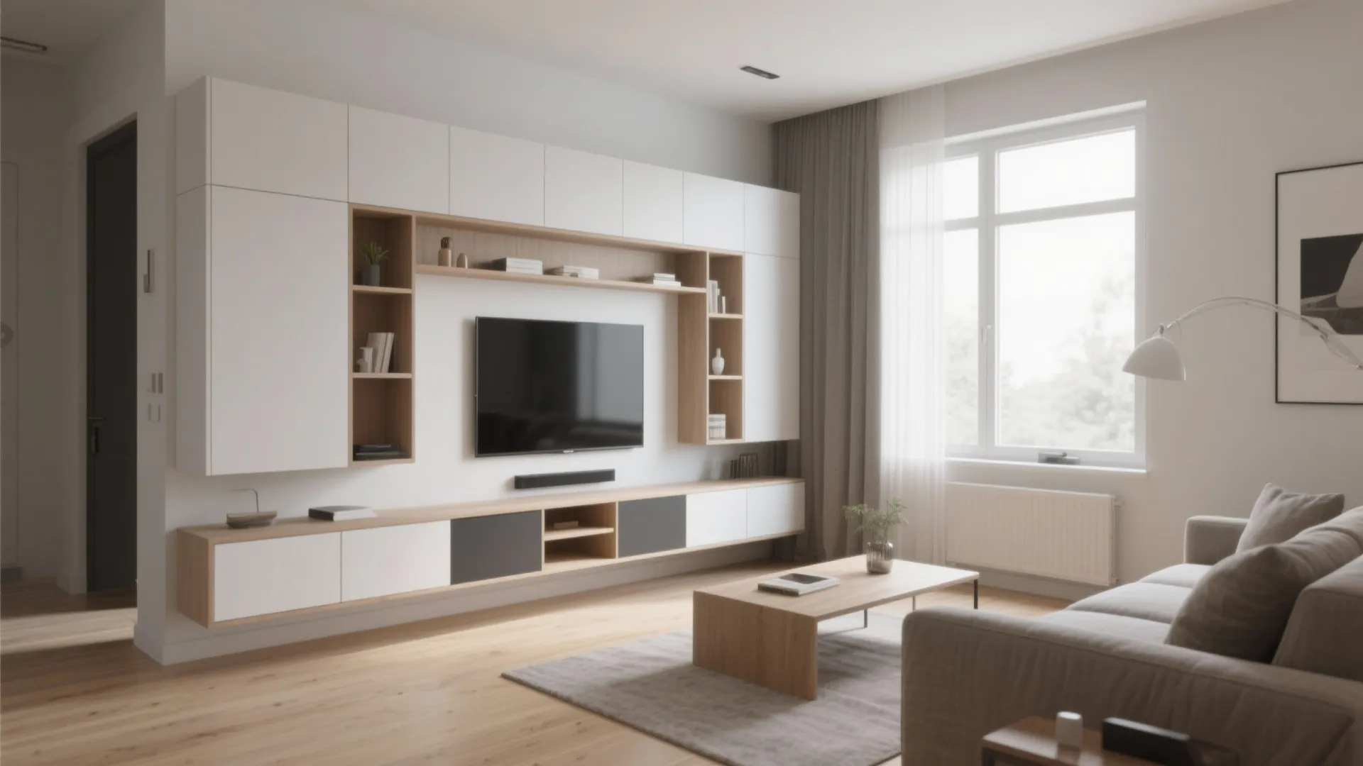 White and wood wall cabinet with television near a low table in bright living room
