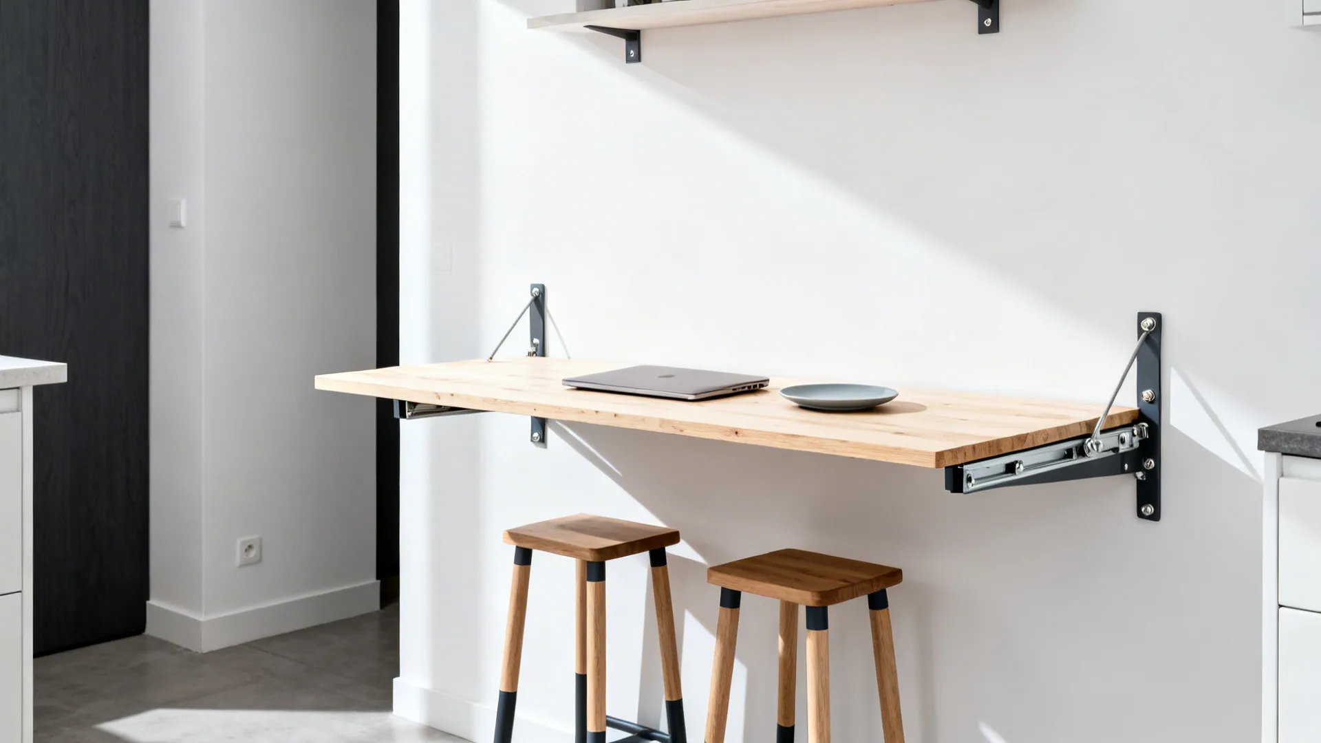Wall mounted wooden folding table with laptop and plate above two wooden stools on floor