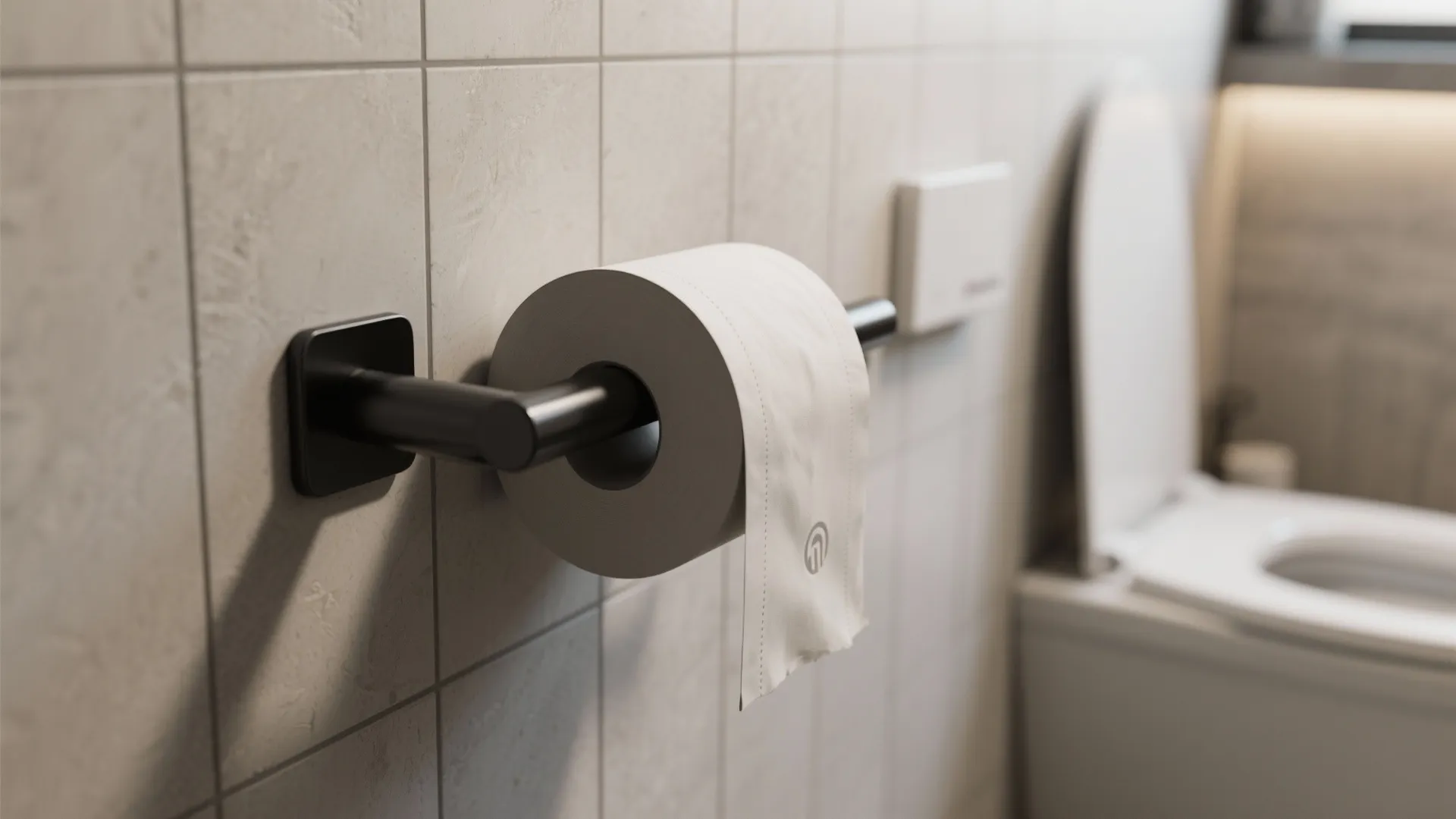 Wall mounted black metal toilet paper holder on beige tiles in a modern bathroom setting