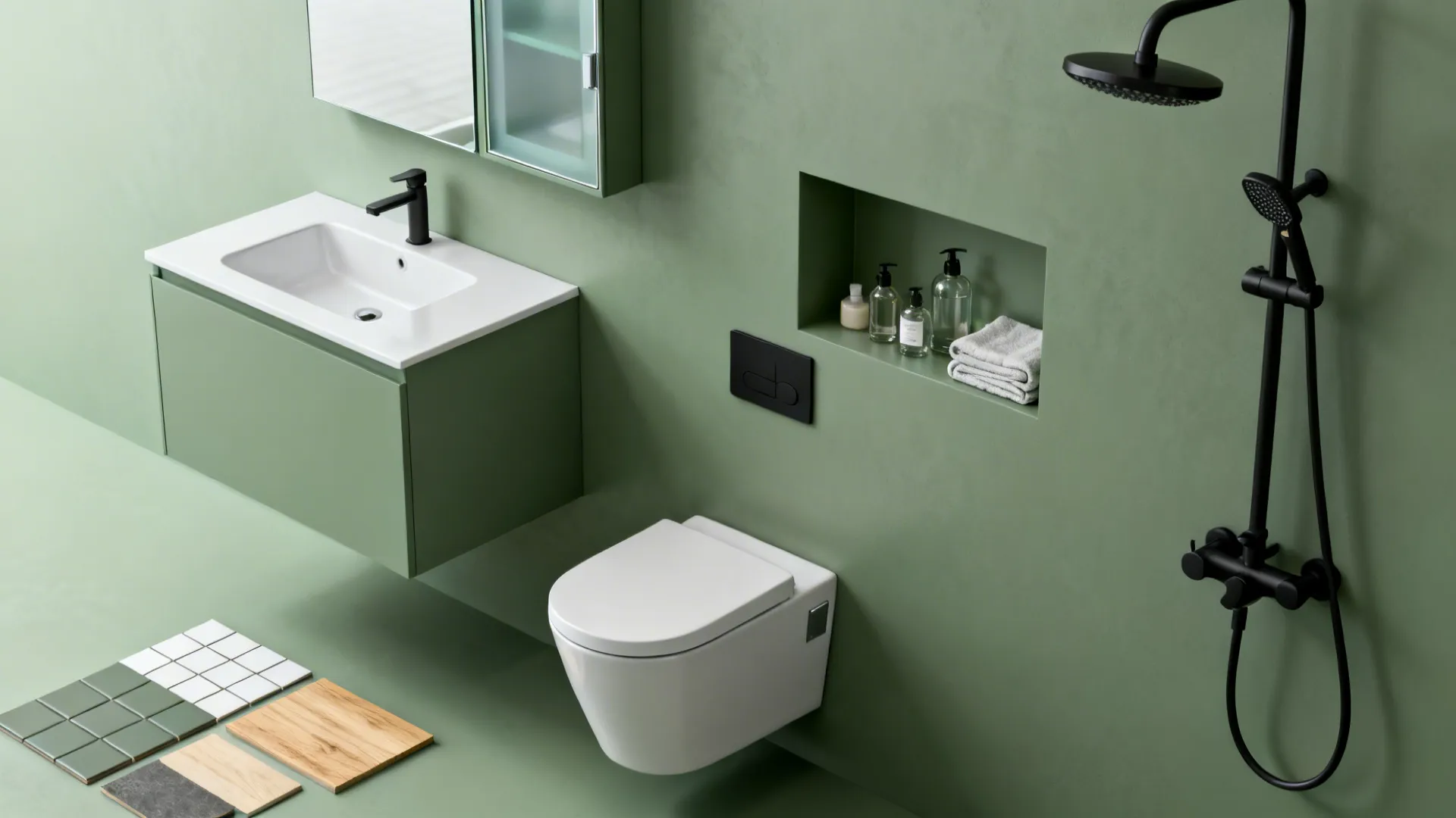 Wall-mounted vanity and toilet with recessed shower niche and material samples