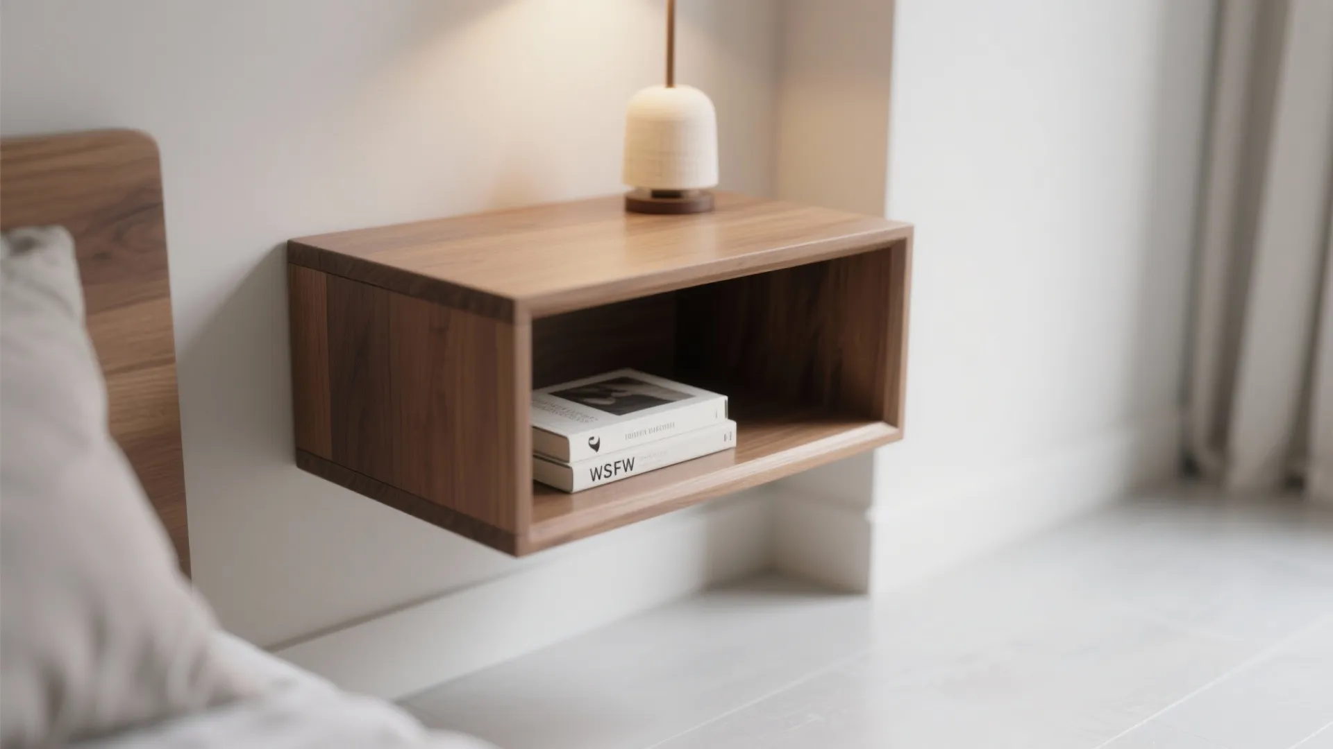 Minimalist wall mounted wooden bedside table with a small lamp and books in modern bedroom