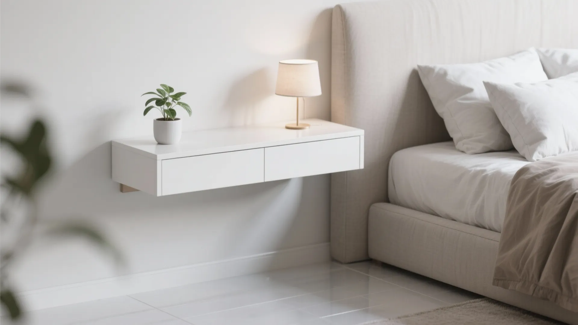 White wall mounted nightstand with two drawers, green plant, and small lamp next to bed