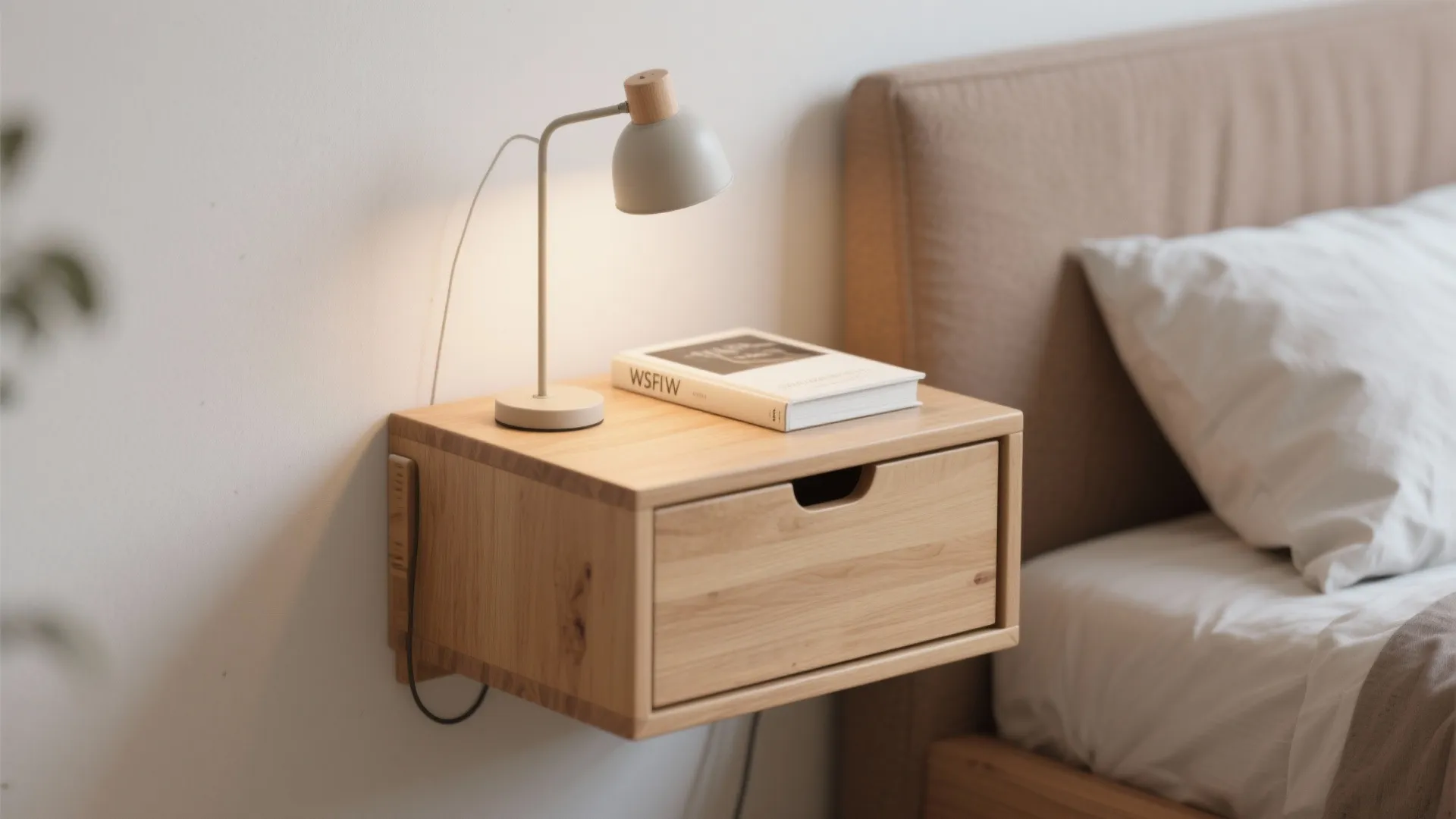 Wooden wall mounted bedside cabinet with a small grey lamp and book next to bed