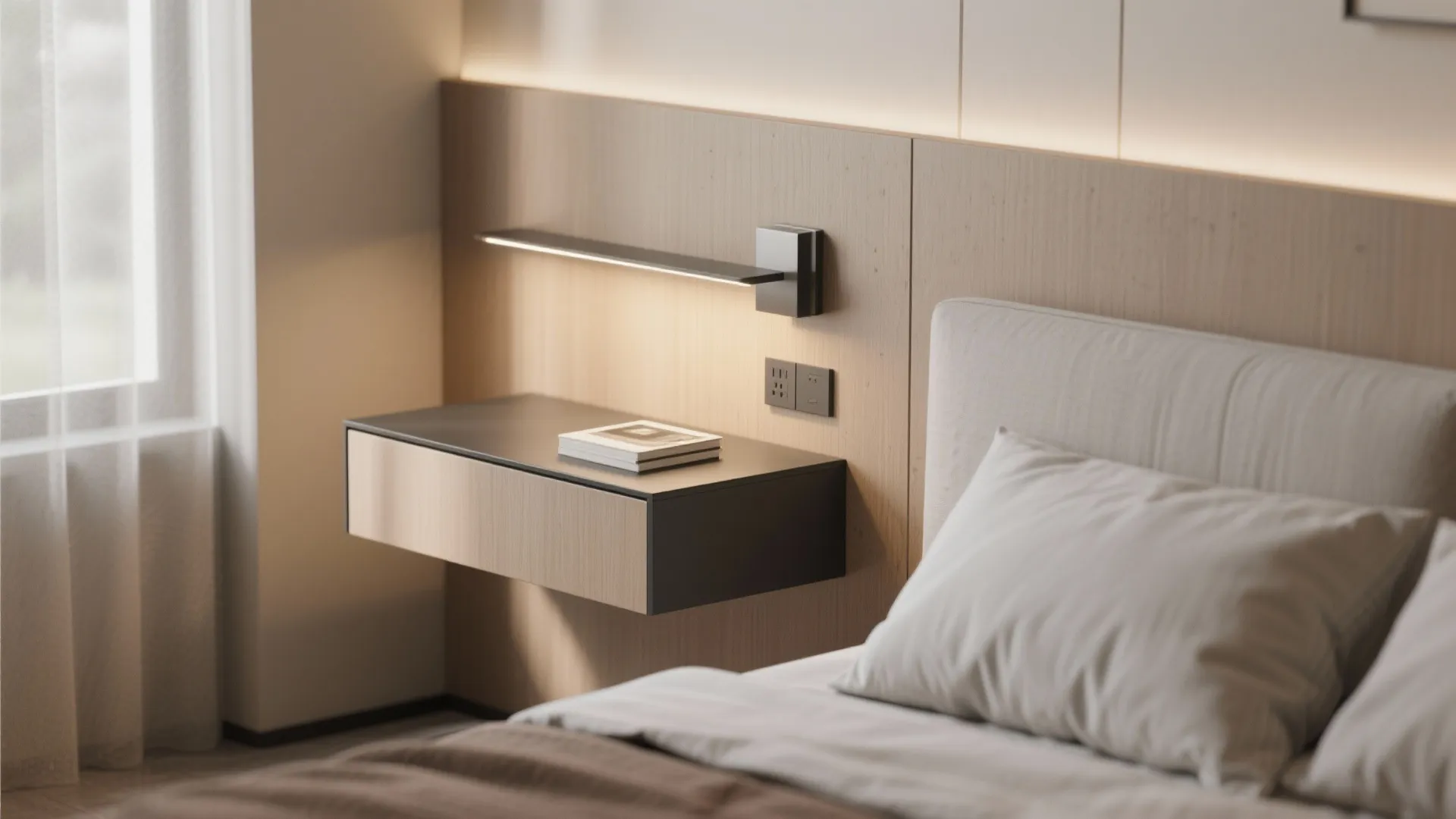 Modern wood wall panel with a floating bedside table and a black small wall light
