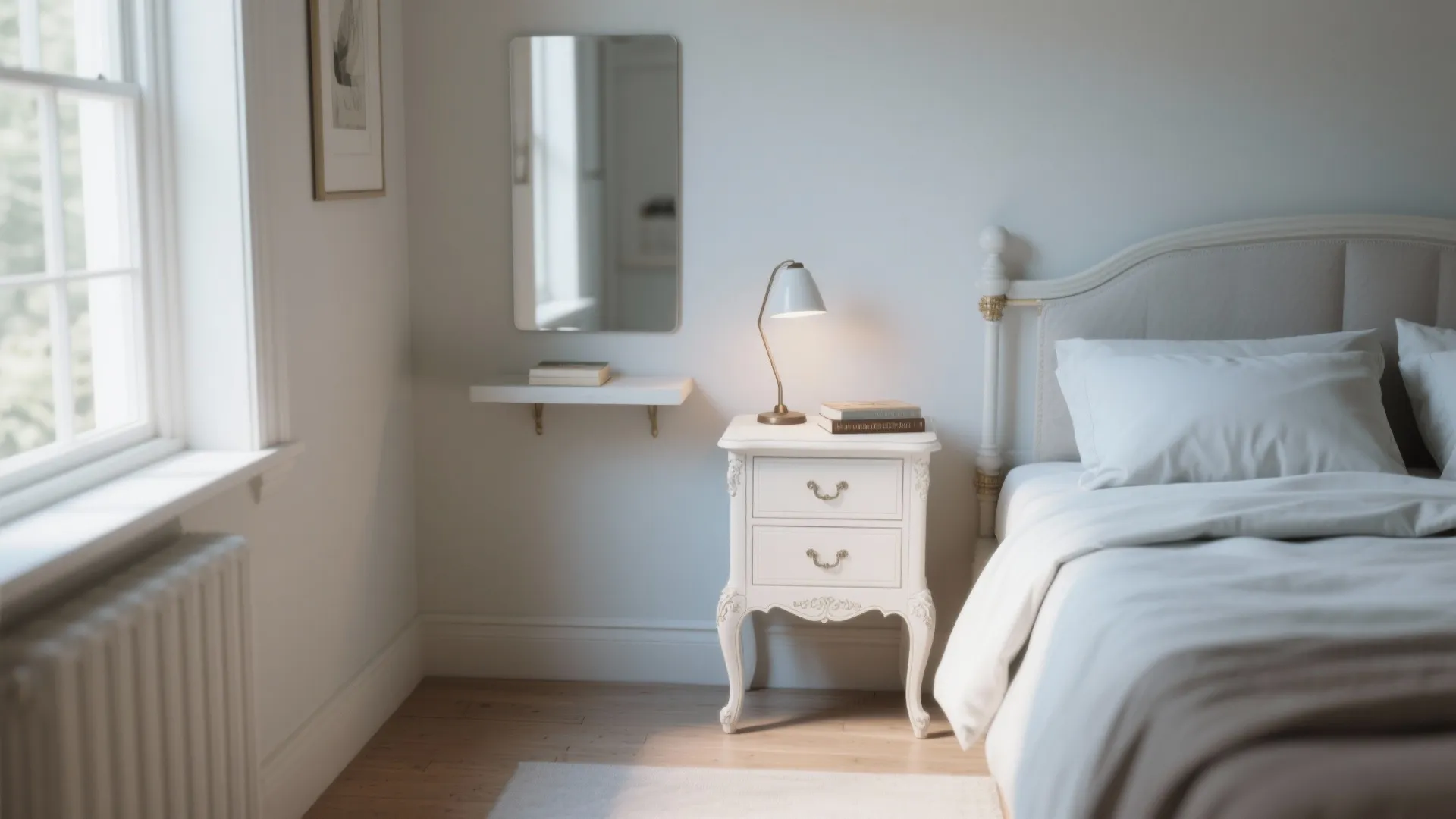 Elegant white bedside cabinet with table light next to a cozy bed and window view